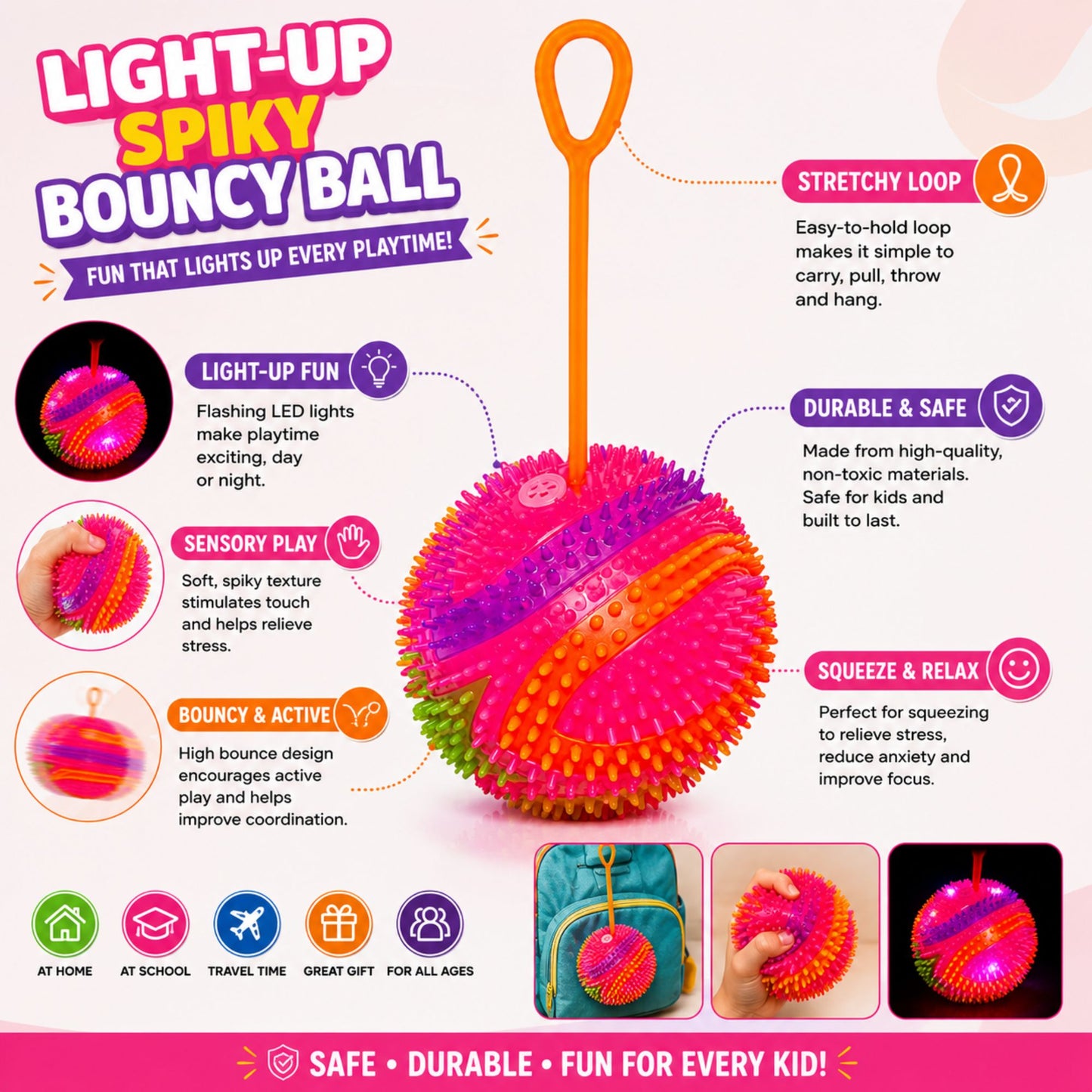 Light-up spiky bouncy ball toy with stretchy orange finger loop, colorful sensory spikes, flashing LED lights, bouncy design, squeeze-friendly texture, and durable construction shown in an A+ product feature graphic.