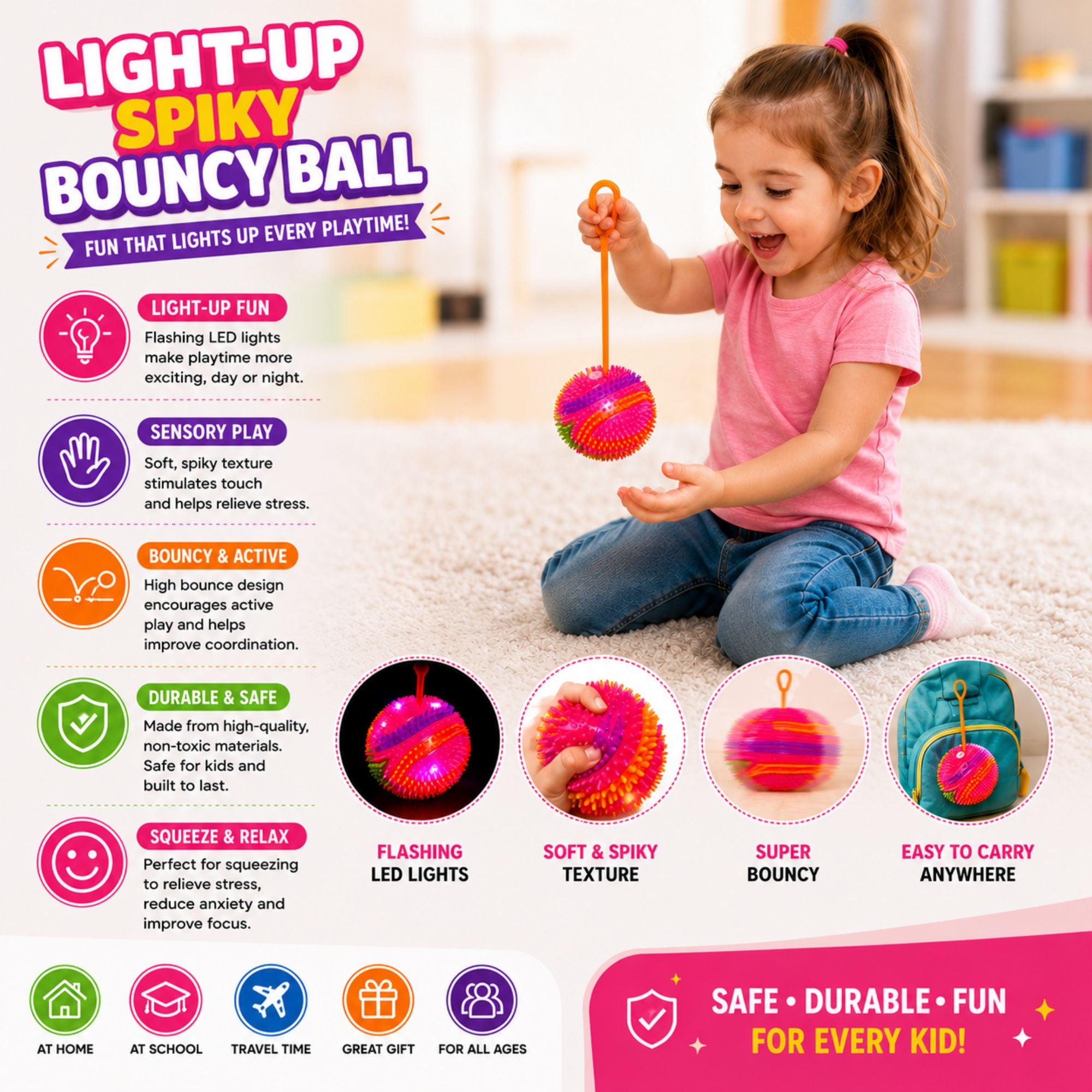 Child playing with a colorful light-up spiky bouncy ball featuring a stretchy finger loop, flashing LED lights, sensory texture, bouncy design, and easy-to-carry construction.