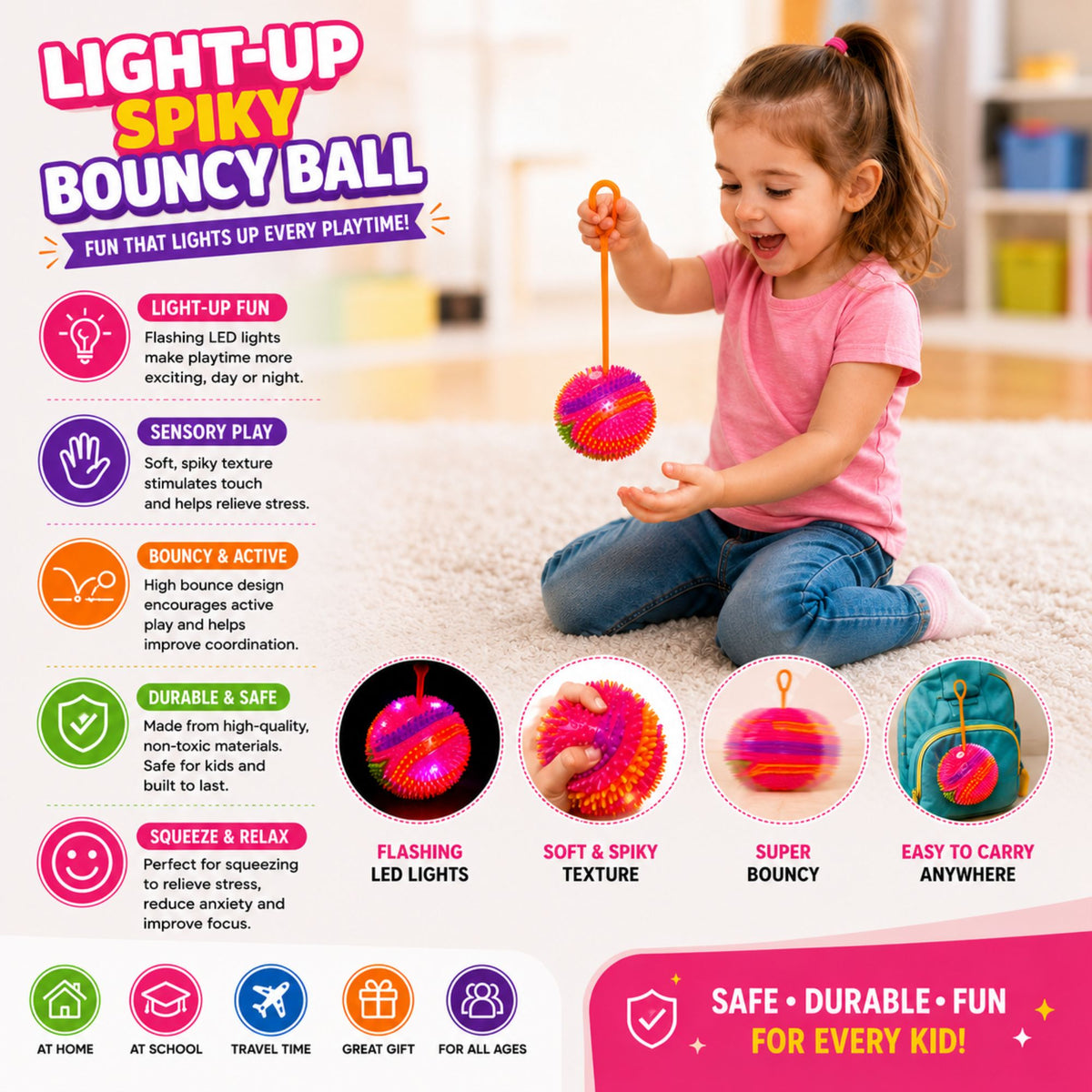 Child playing with a colorful light-up spiky bouncy ball featuring a stretchy finger loop, flashing LED lights, sensory texture, bouncy design, and easy-to-carry construction.