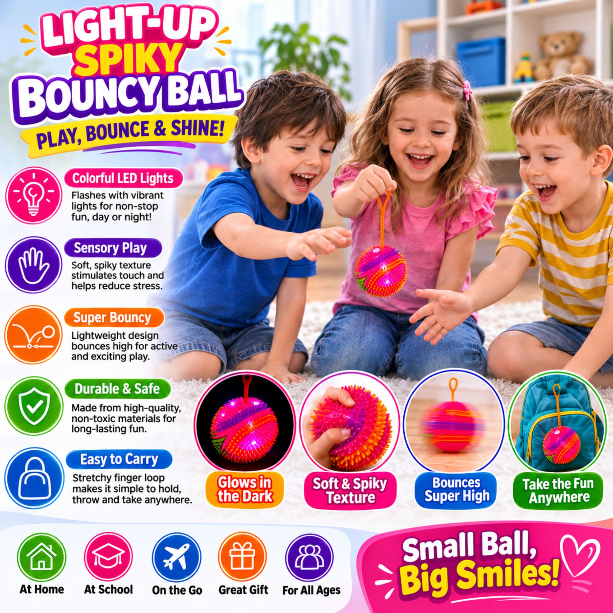 Children playing with a colorful light-up spiky bouncy ball featuring a stretchy finger loop, flashing LED lights, sensory texture, high bounce, and portable design, with product feature highlights.