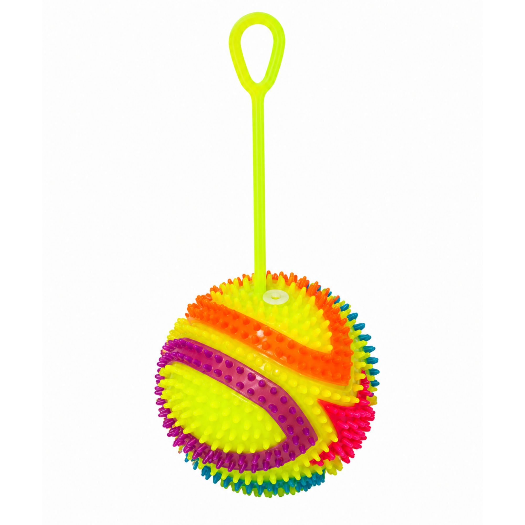 Colorful light-up spiky bouncy ball toy with stretchy finger loop and textured sensory surface on a white background.