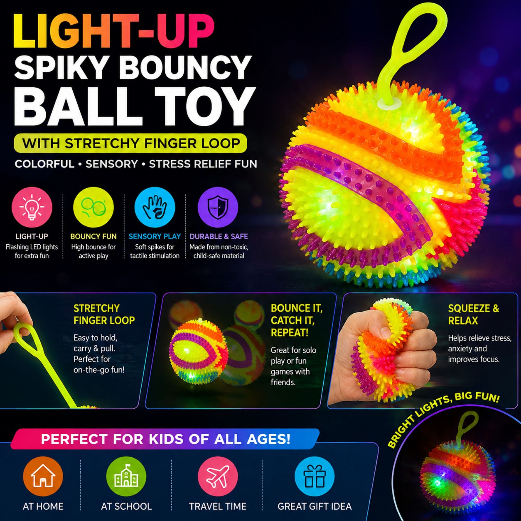Light-up spiky bouncy ball toy with stretchy finger loop, colorful sensory spikes, flashing LED lights, bouncy design, and stress-relief play features.