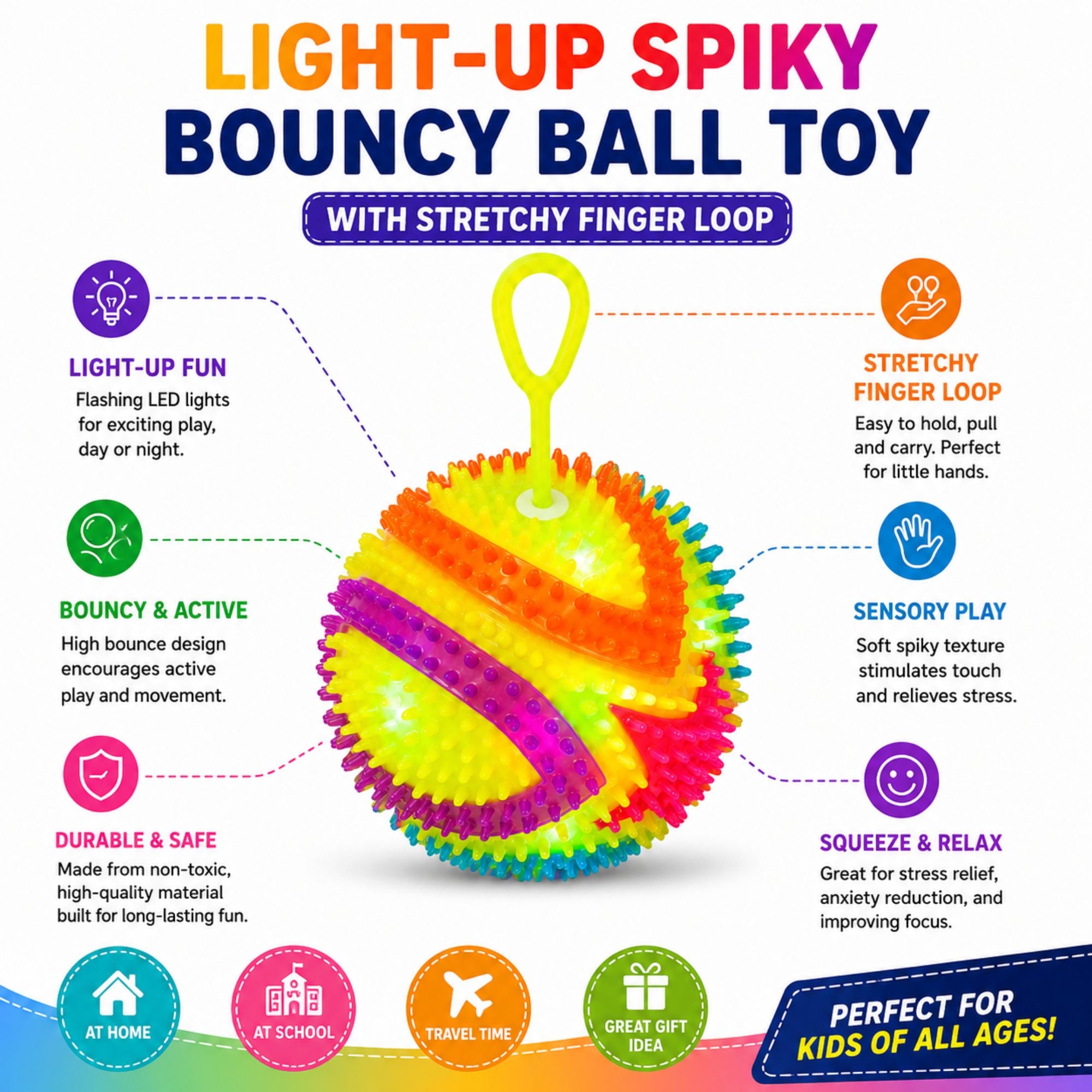 Light-up spiky bouncy ball toy with stretchy finger loop, colorful sensory texture, flashing LED lights, bouncy design, easy-grip loop, and stress-relief features shown in an A+ product feature graphic.