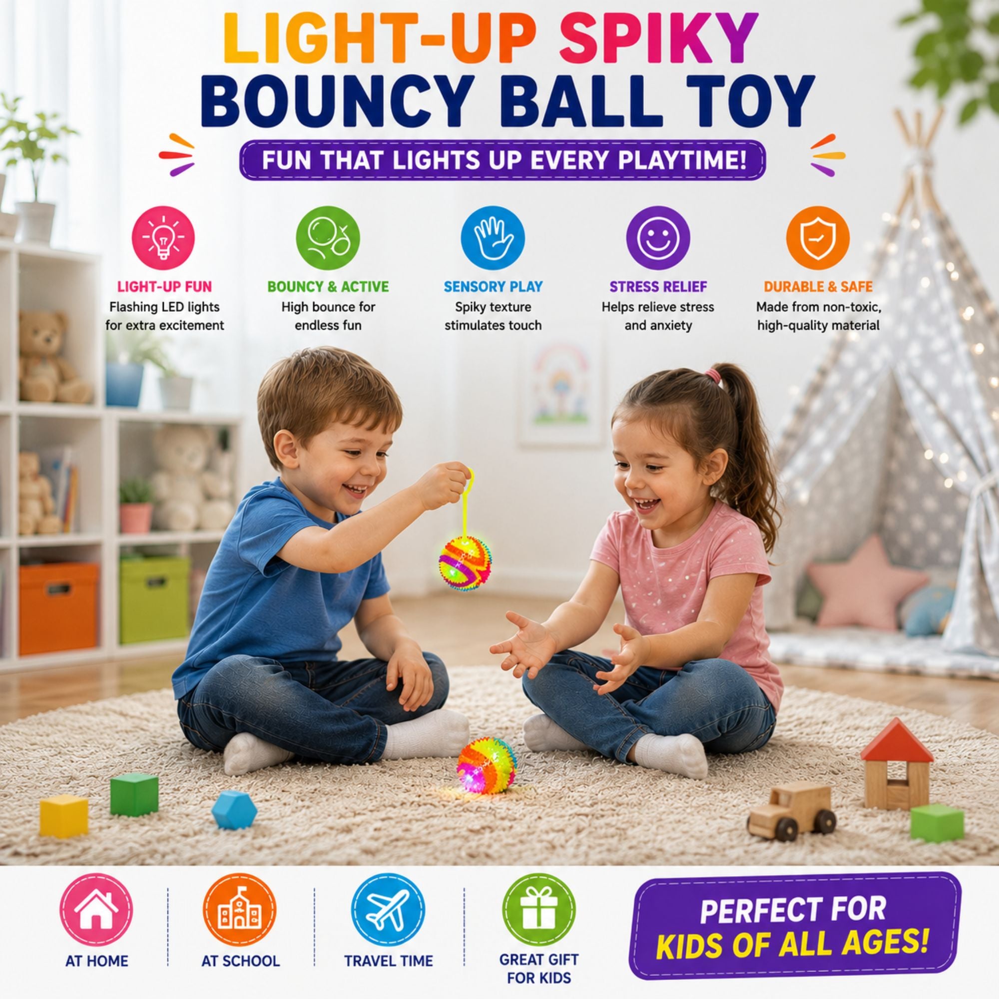 Two children playing with a colorful light-up spiky bouncy ball toy featuring a stretchy finger loop, flashing LED lights, sensory texture, and bouncy design in a cheerful playroom.