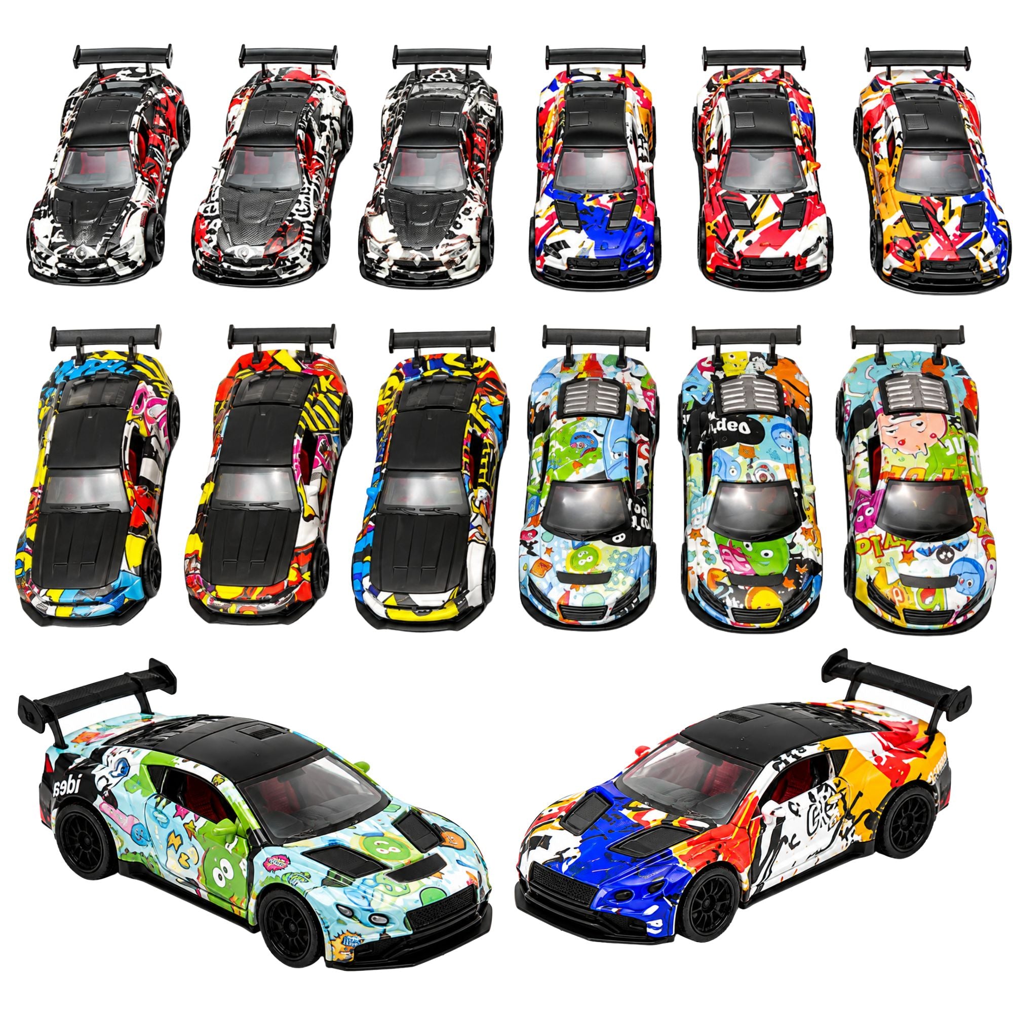 Twelve toy sports cars arranged in rows on a white background, each with a different colorful graffiti-style wrap. Two cars are shown at the bottom with rear views, all cars have black roofs and wheels, and several have small decals or character graphics on the hood and side panels.