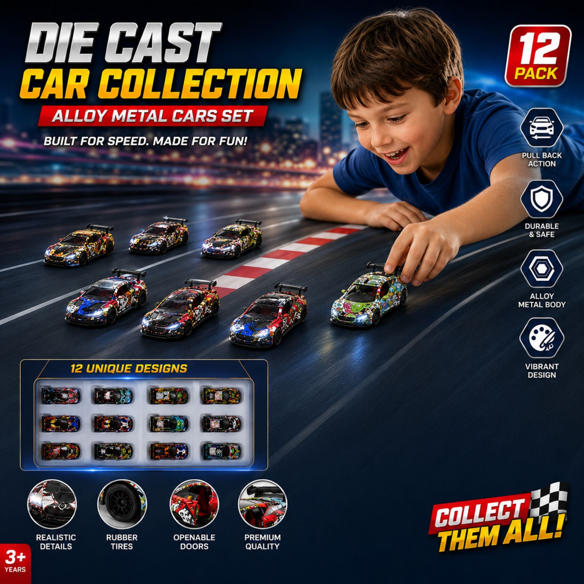 A boy in a blue shirt plays with a set of die-cast metal race cars on a dark racetrack background. The image is a promotional graphic for a 12-pack of alloy metal cars with 12 unique designs, featuring text callouts and icons highlighting features like pull-back action, durable and safe, and vibrant design.