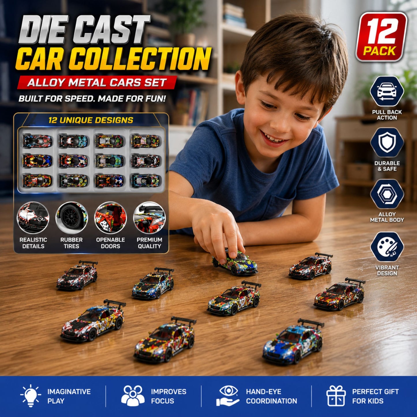 A young boy in a blue t-shirt is smiling and playing with a set of miniature die-cast race cars on a wooden table. The image is a promotional graphic for a 'Die Cast Car Collection' 12-pack, showing the 12 unique car designs, feature icons, and product benefits.