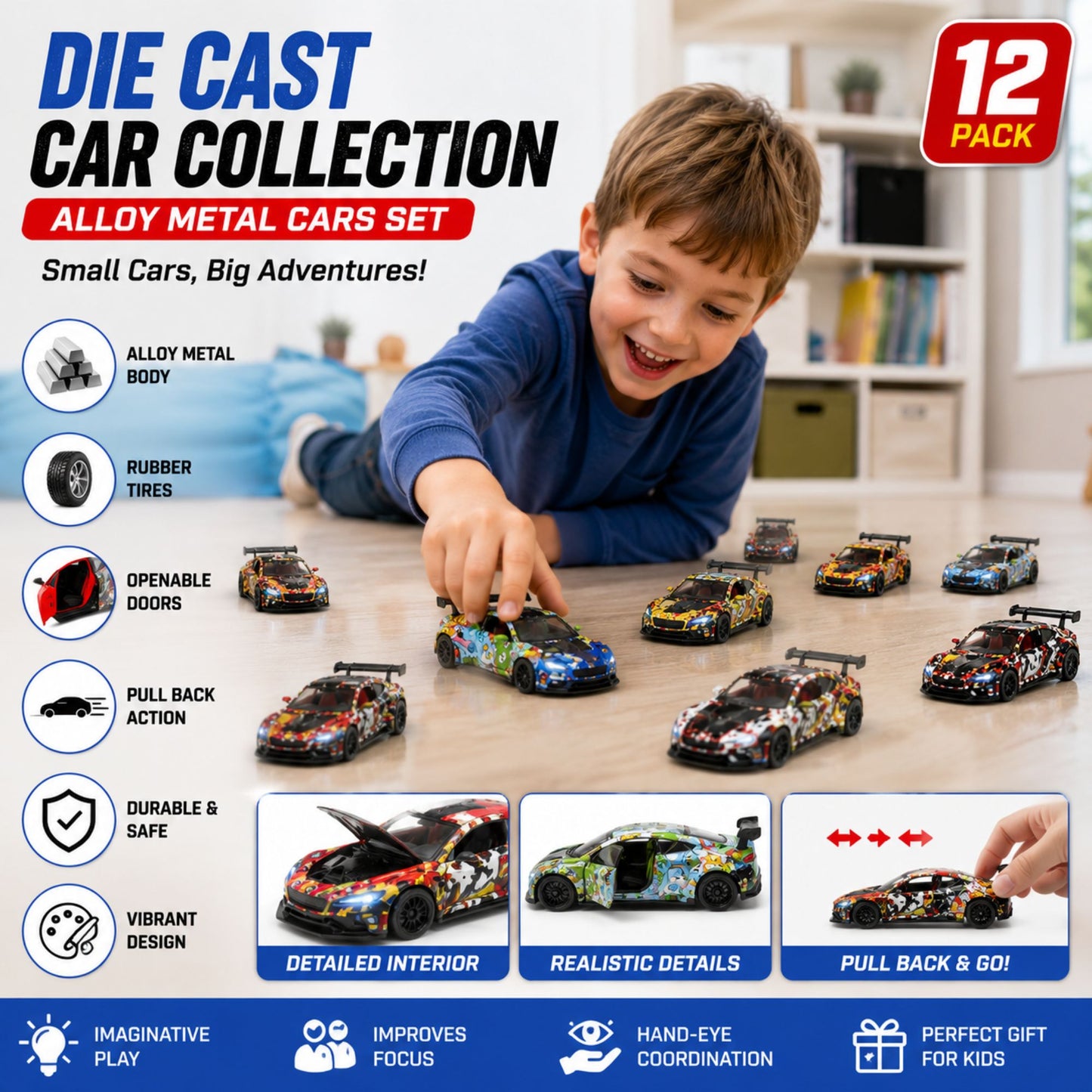 A promotional graphic for a 12-pack of die-cast toy cars. A young boy in a blue shirt is shown lying on the floor, smiling as he plays with several colorful toy cars.