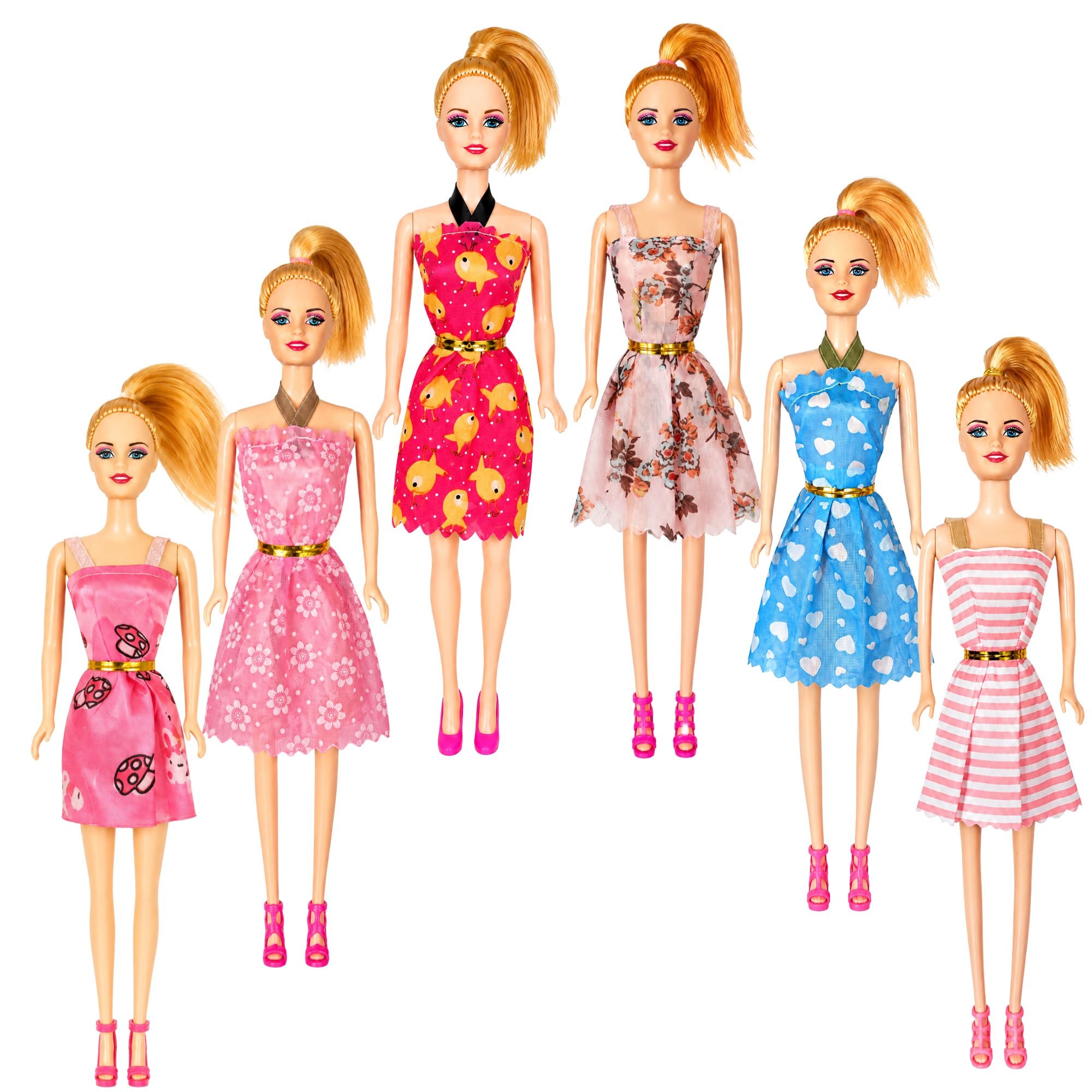 Six fashion dolls with blonde hair styled in ponytails, wearing different colorful dresses in pink, red, floral, blue, and striped, set against a plain white background.