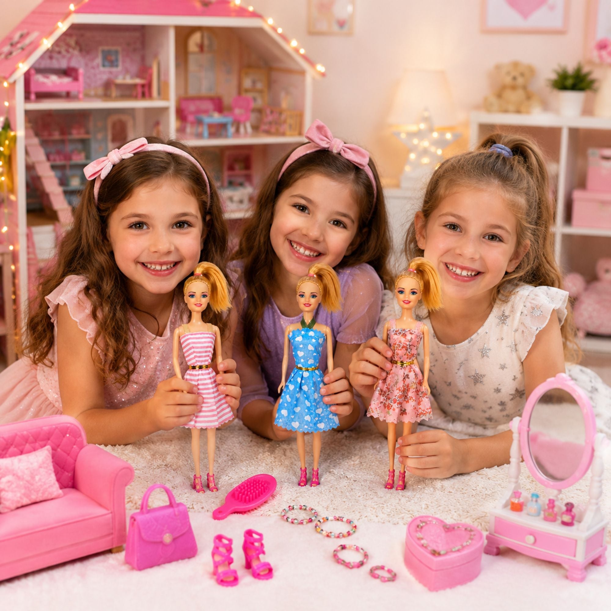 Three young girls with pink bows are smiling and holding Barbie-style dolls in a brightly lit pink playroom. The scene includes a pink dollhouse, miniature furniture, accessories, and a vanity mirror on the floor.
