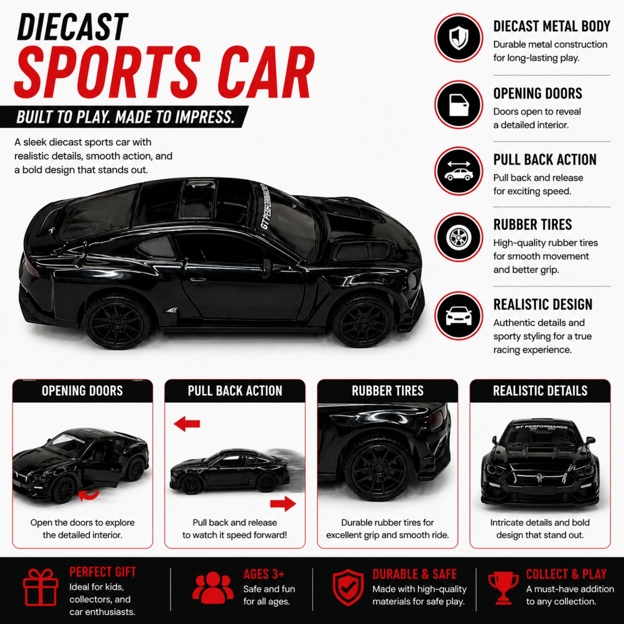 Diecast Racing Sports Car Toy with Pull Back Play Action