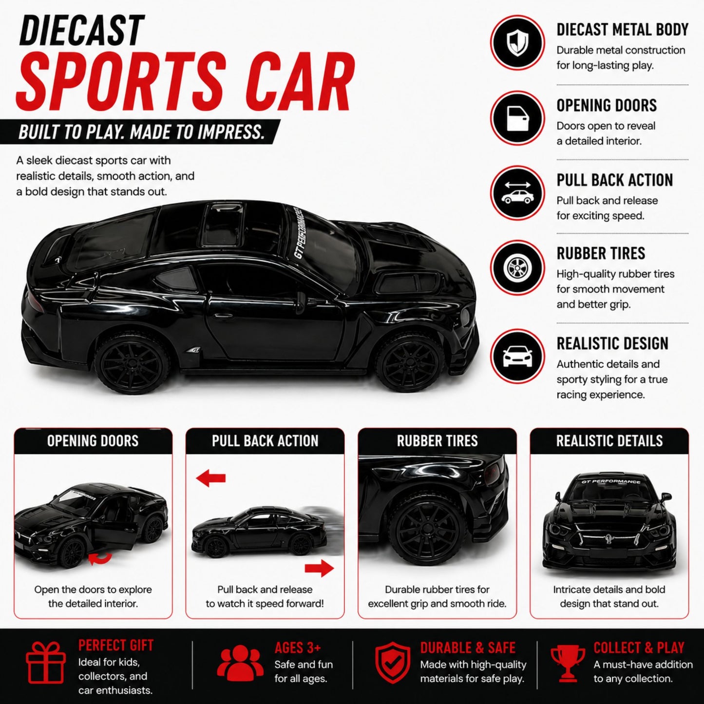 Diecast Racing Sports Car Toy with Pull Back Play Action