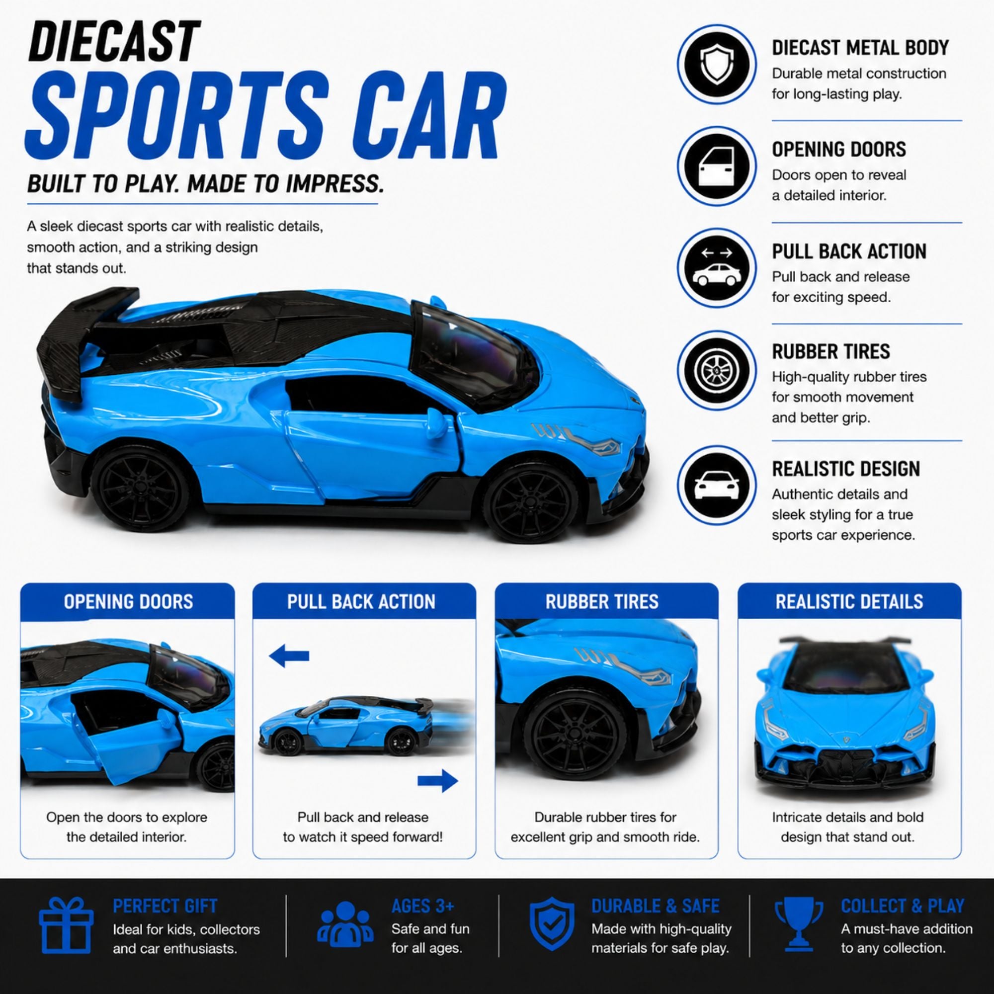 Pull Back Diecast Sports Car Toy for Kids and Collectors