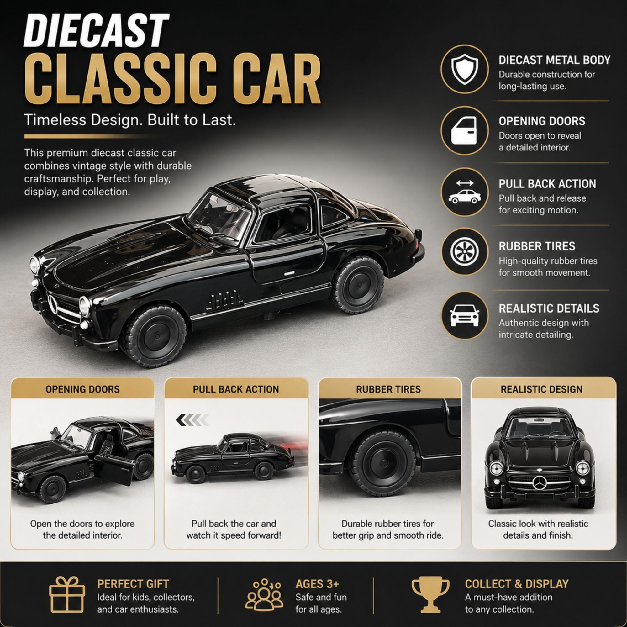 Pull Back Classic Diecast Toy Car with Opening Doors for Kids