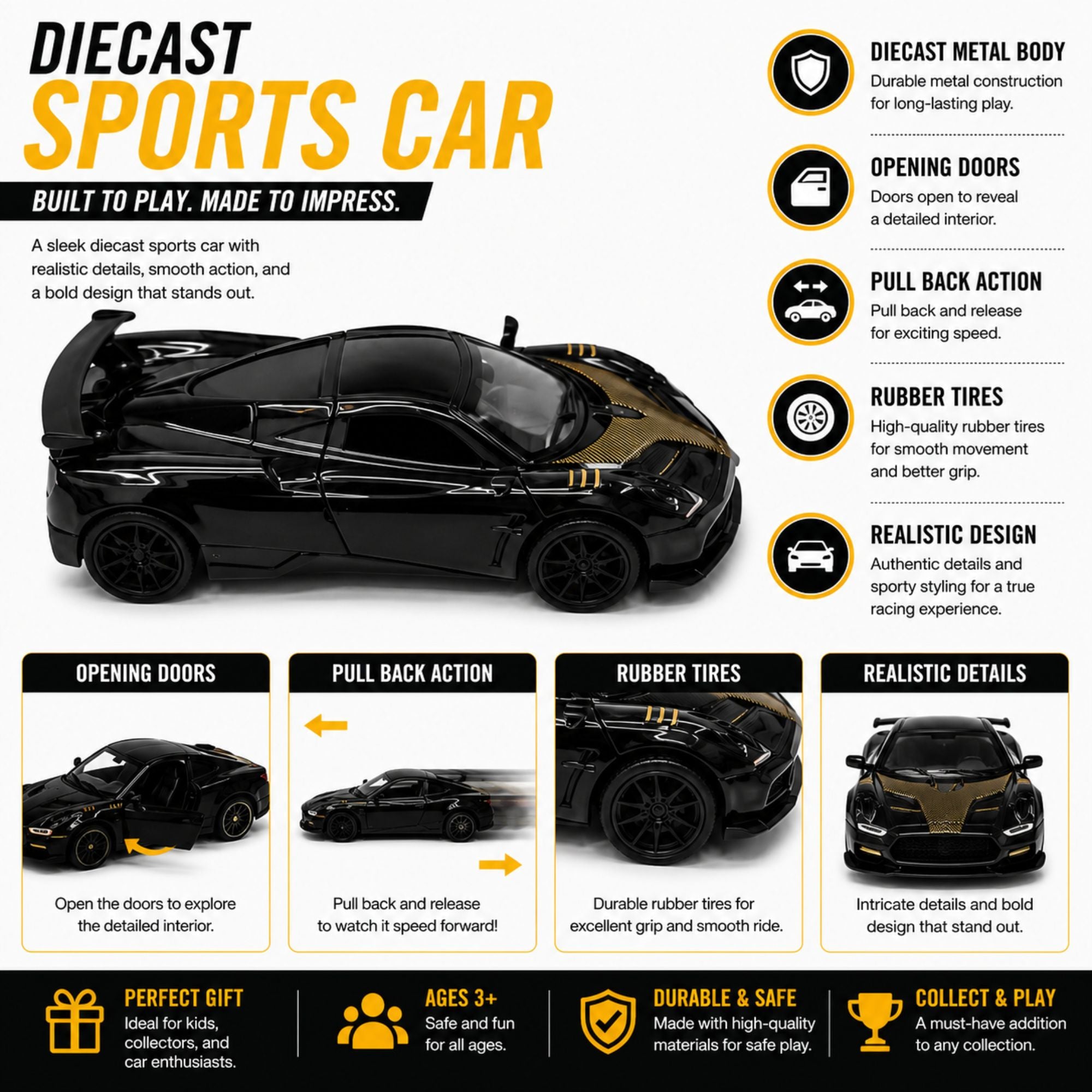 Pull Back Diecast Sports Car Model Toy for Kids and Collectors