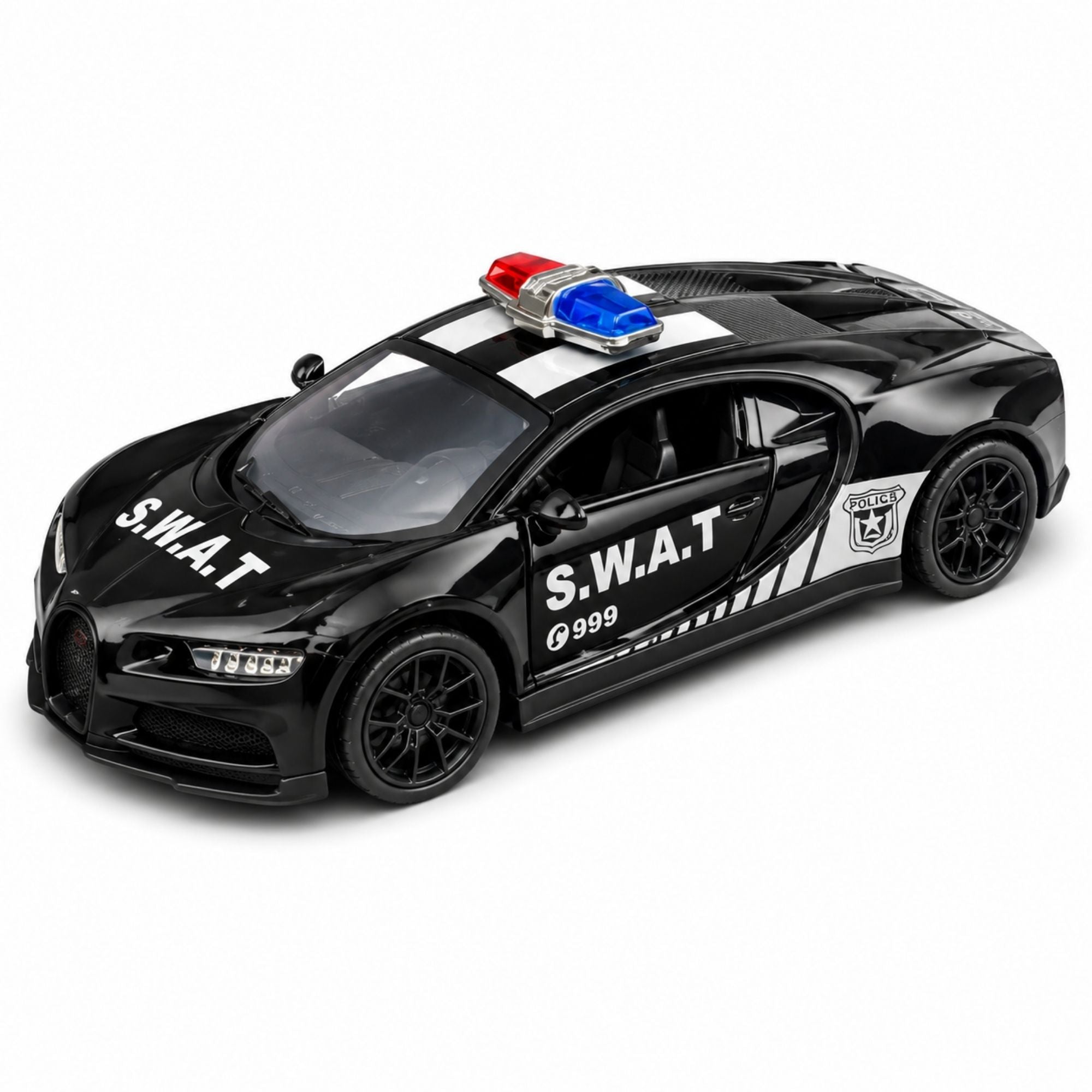 Black S.W.A.T. police sports car toy with red and blue emergency lights, realistic police graphics, detailed racing wheels, sporty design, and glossy finish on a white background.