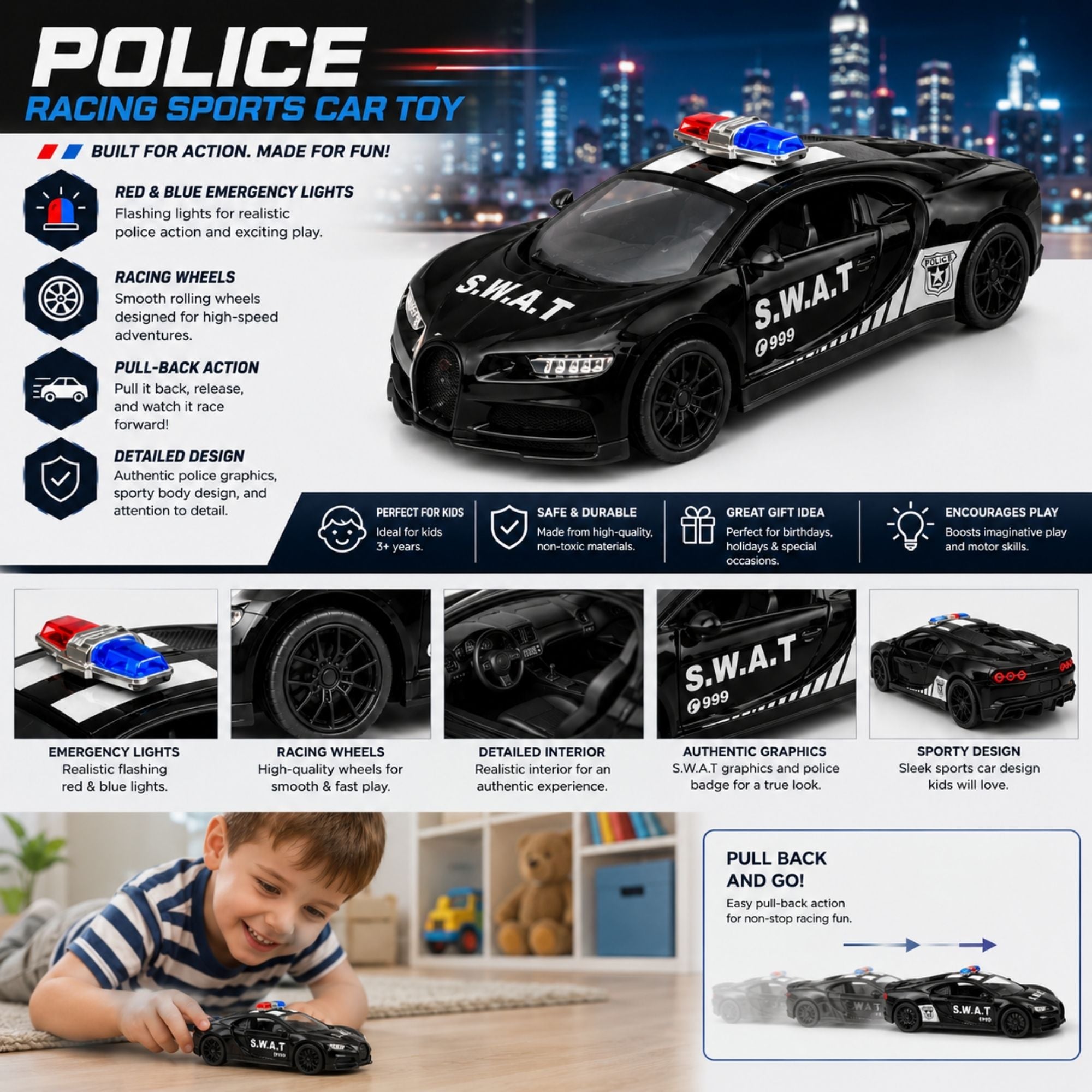 Black S.W.A.T. police racing sports car toy with red and blue emergency lights, racing wheels, pull-back action, realistic graphics, detailed design, and a child playing with the toy.