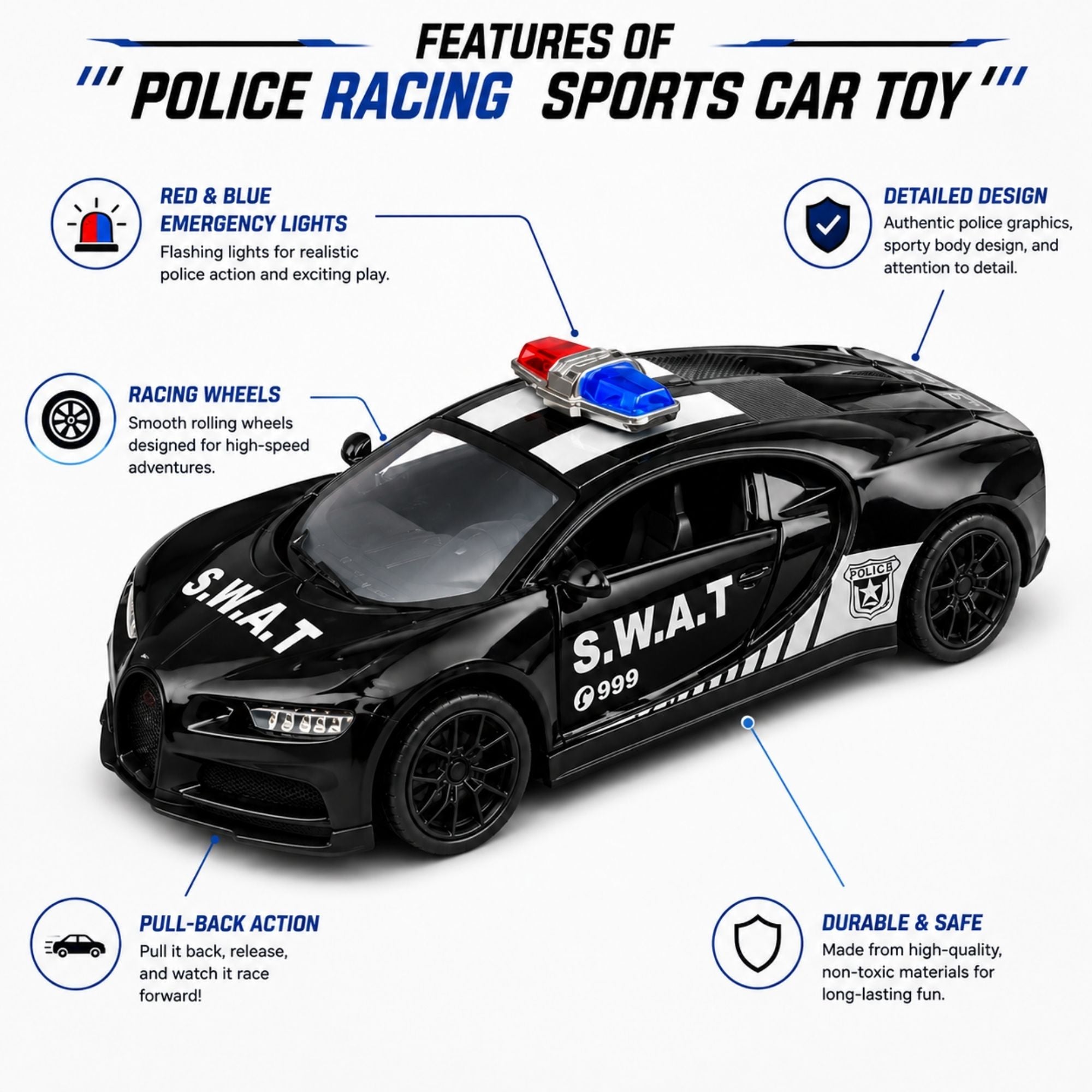 Black S.W.A.T. police racing sports car toy with red and blue emergency lights, racing wheels, pull-back action, detailed police graphics, and durable design shown with feature callouts.
