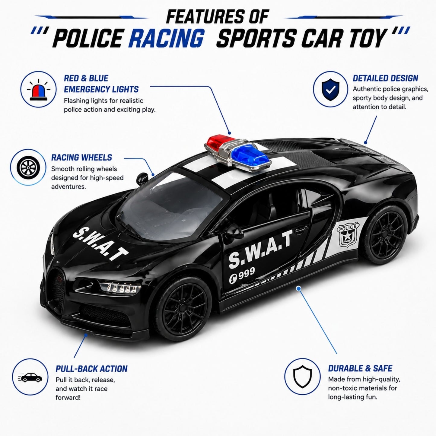 Black S.W.A.T. police racing sports car toy with red and blue emergency lights, racing wheels, pull-back action, detailed police graphics, and durable design shown with feature callouts.