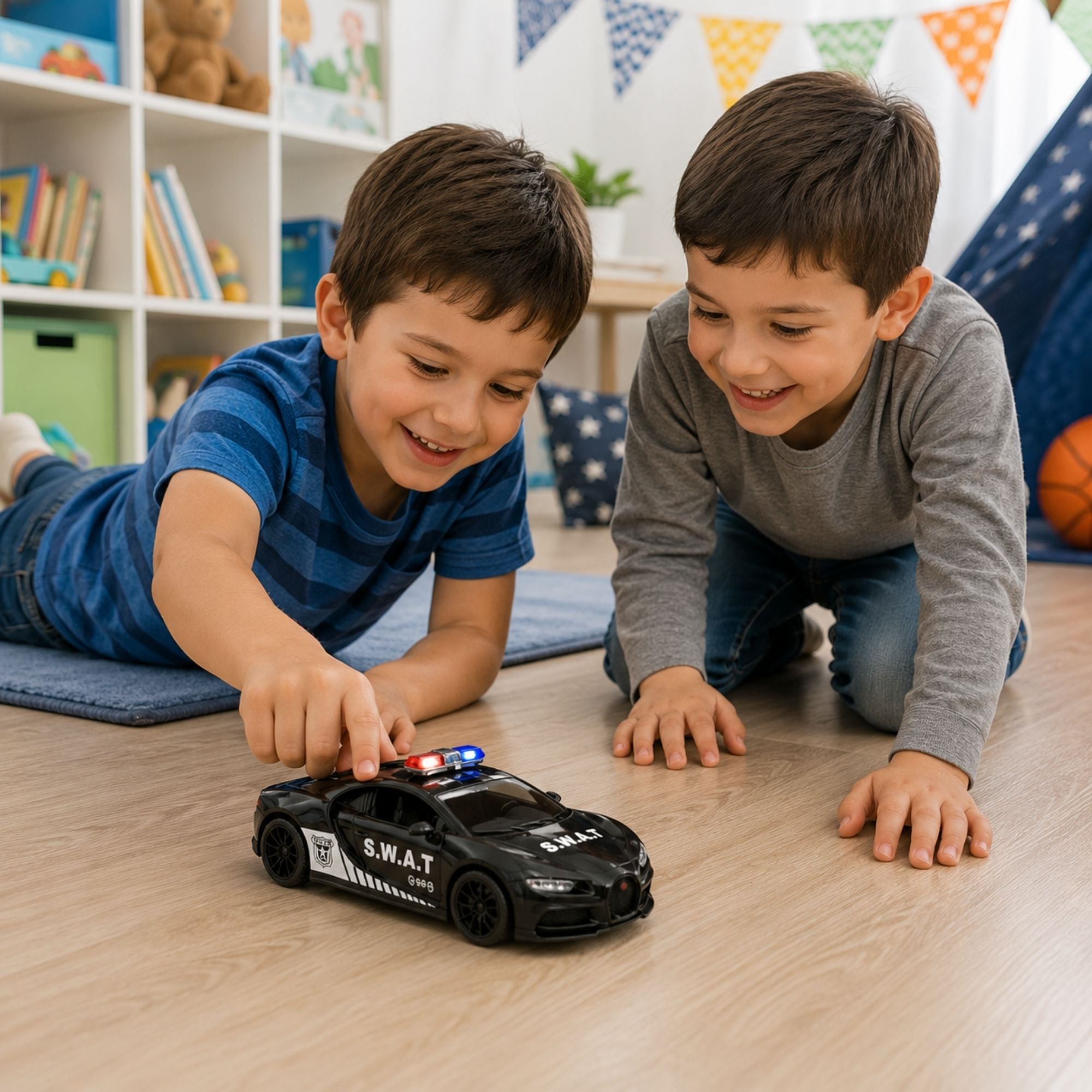 Two children playing with a black S.W.A.T. police racing car toy featuring red and blue emergency lights, detailed police graphics, racing wheels, and a sporty design.