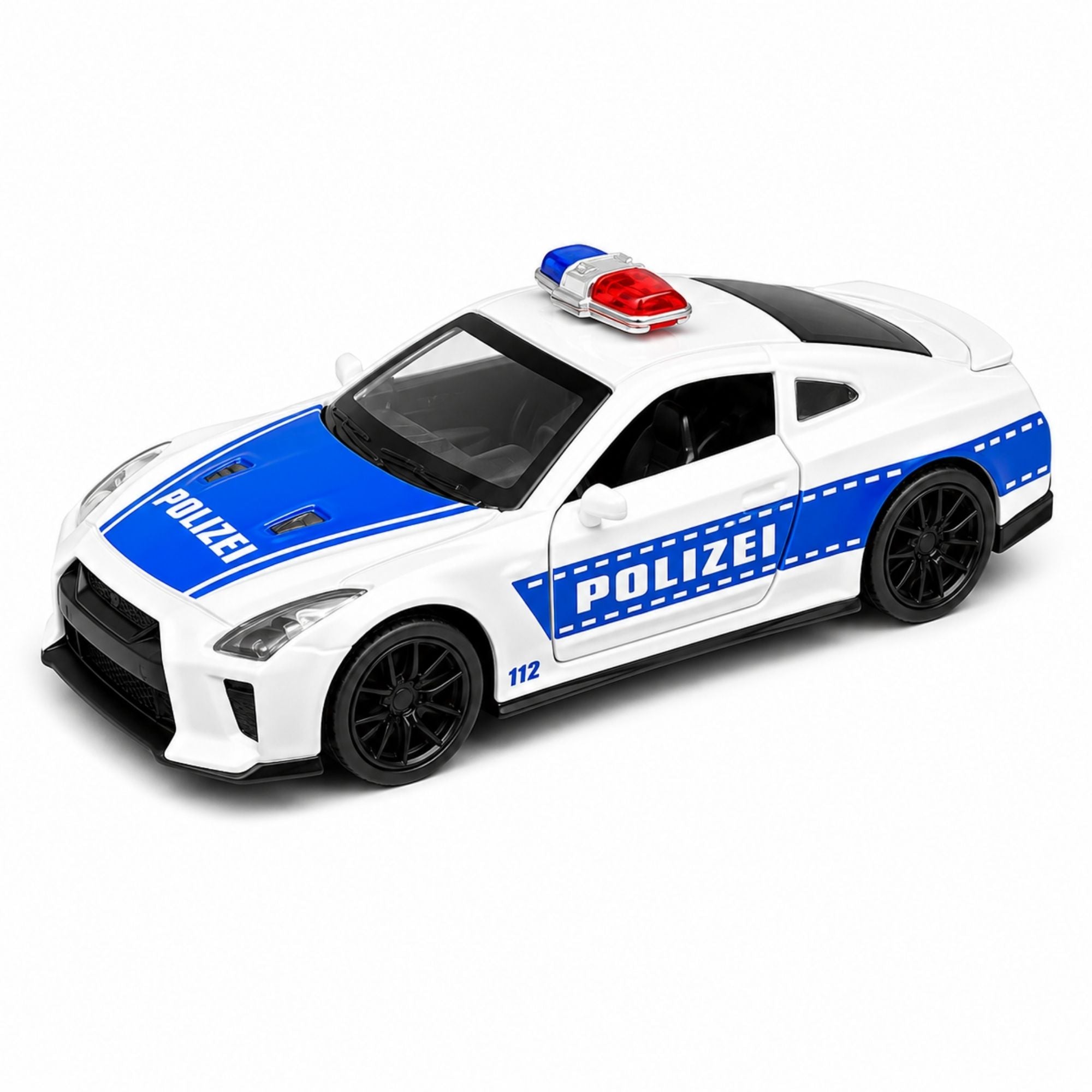 White and blue police sports car toy with POLIZEI graphics, red and blue roof light bar, detailed black wheels, sporty design, and realistic police styling on a white background.