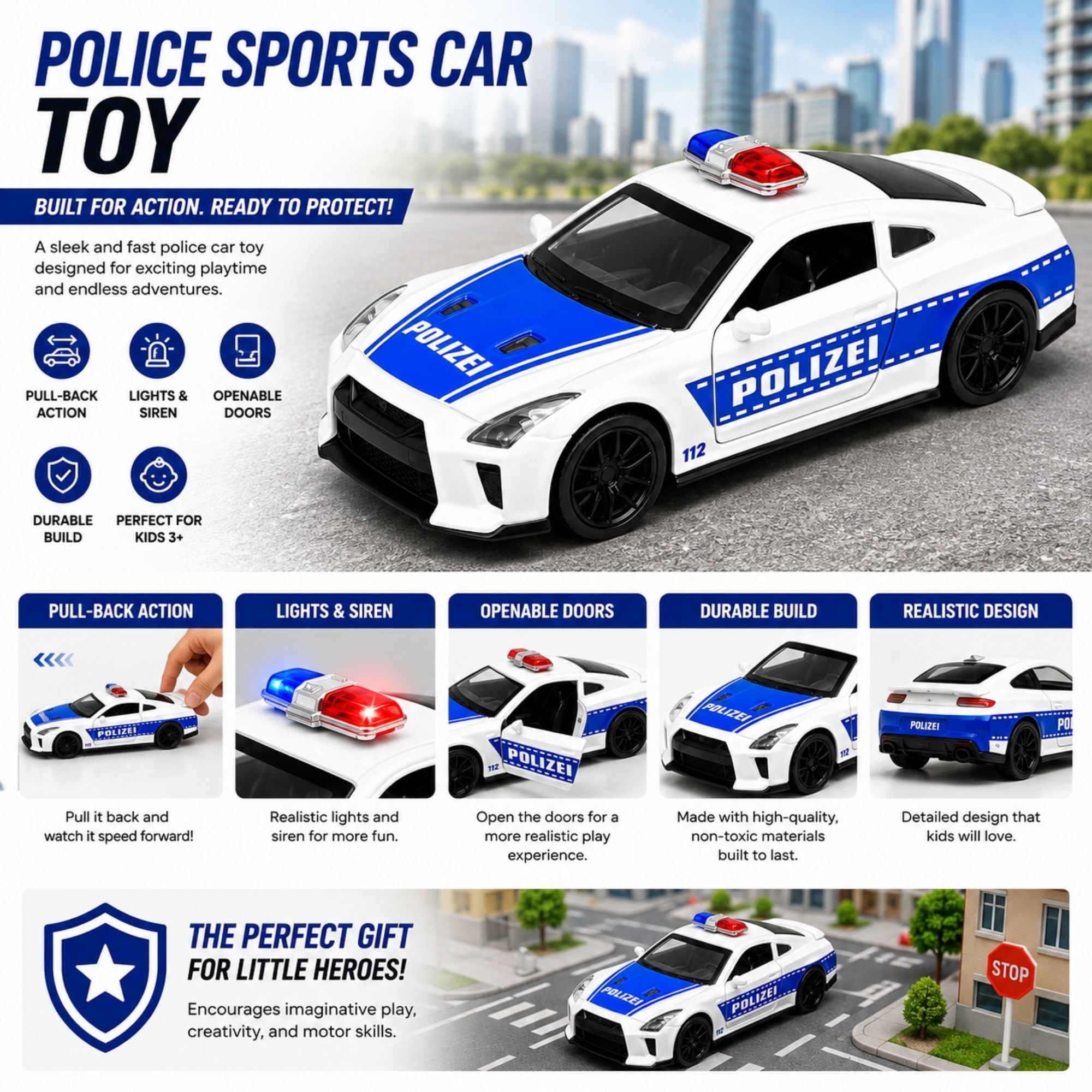 White and blue POLIZEI police sports car toy with pull-back action, lights and siren, openable doors, durable build, realistic design, and kid-friendly play features shown in an A+ content product infographic.