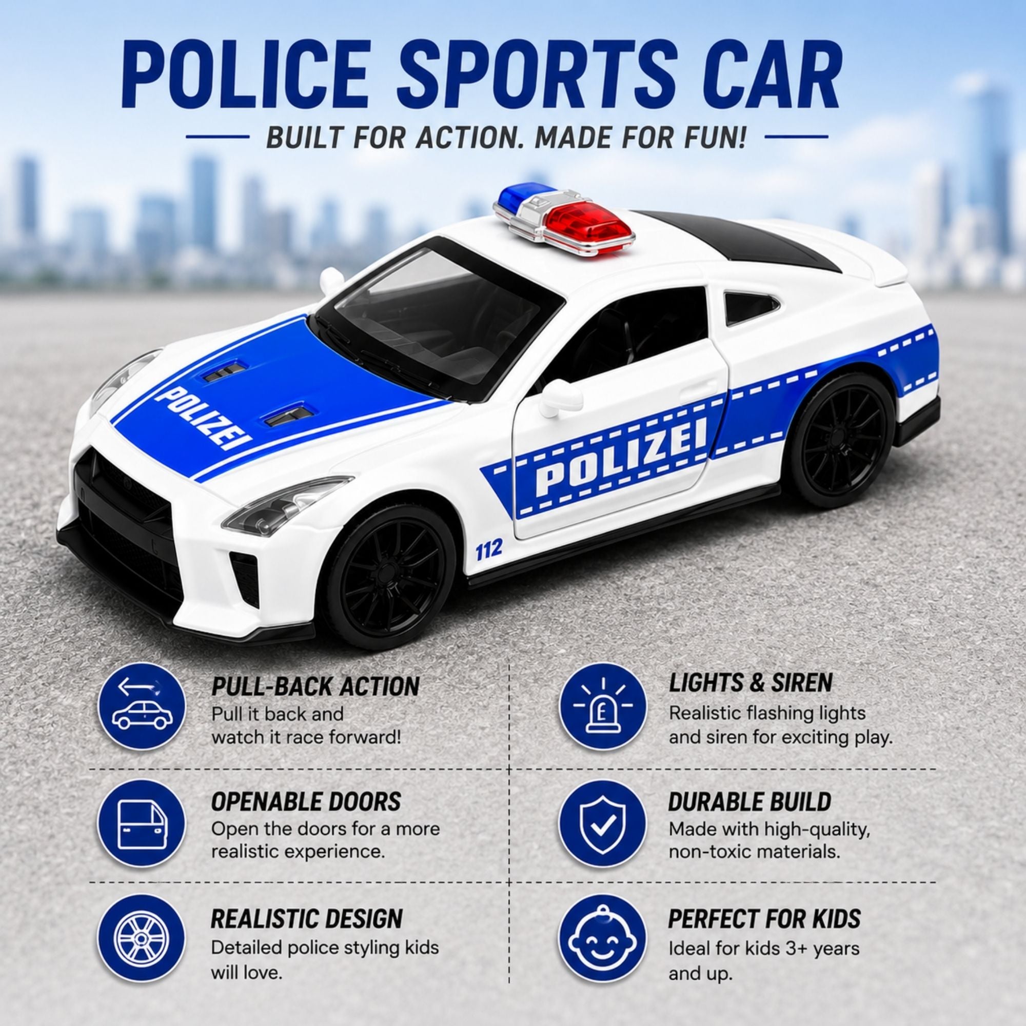 White and blue POLIZEI police sports car toy featuring pull-back action, flashing lights and siren, openable doors, durable build, realistic police design, and kid-friendly play features.