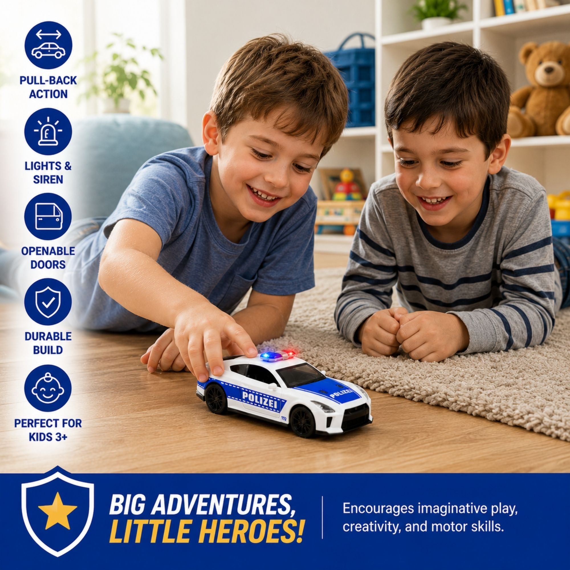 Two children playing with a white and blue POLIZEI police sports car toy featuring pull-back action, lights and siren, openable doors, durable build, and realistic police styling.