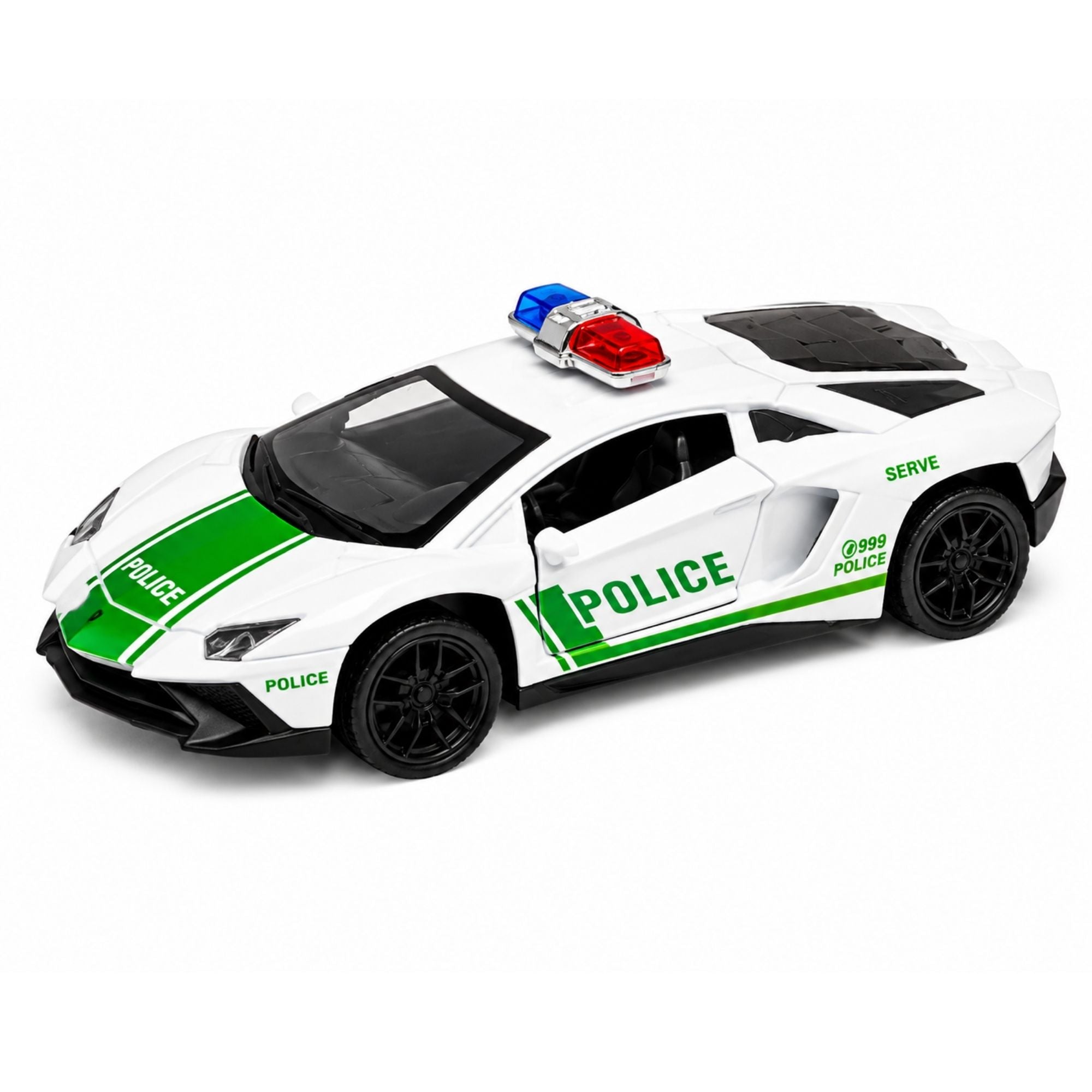 White and green police sports car toy with red and blue emergency lights, detailed police graphics, racing wheels, openable door, sporty design, and realistic styling on a white background.