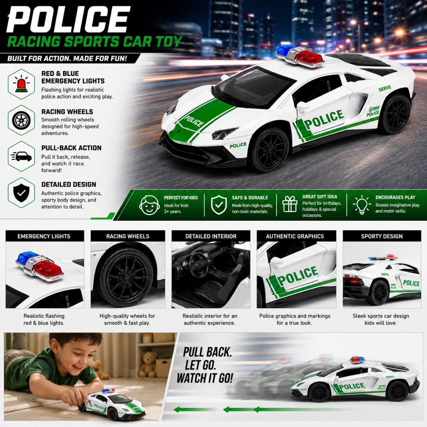 White and green police racing sports car toy with red and blue emergency lights, racing wheels, pull-back action, detailed police graphics, sporty design, and feature callouts.