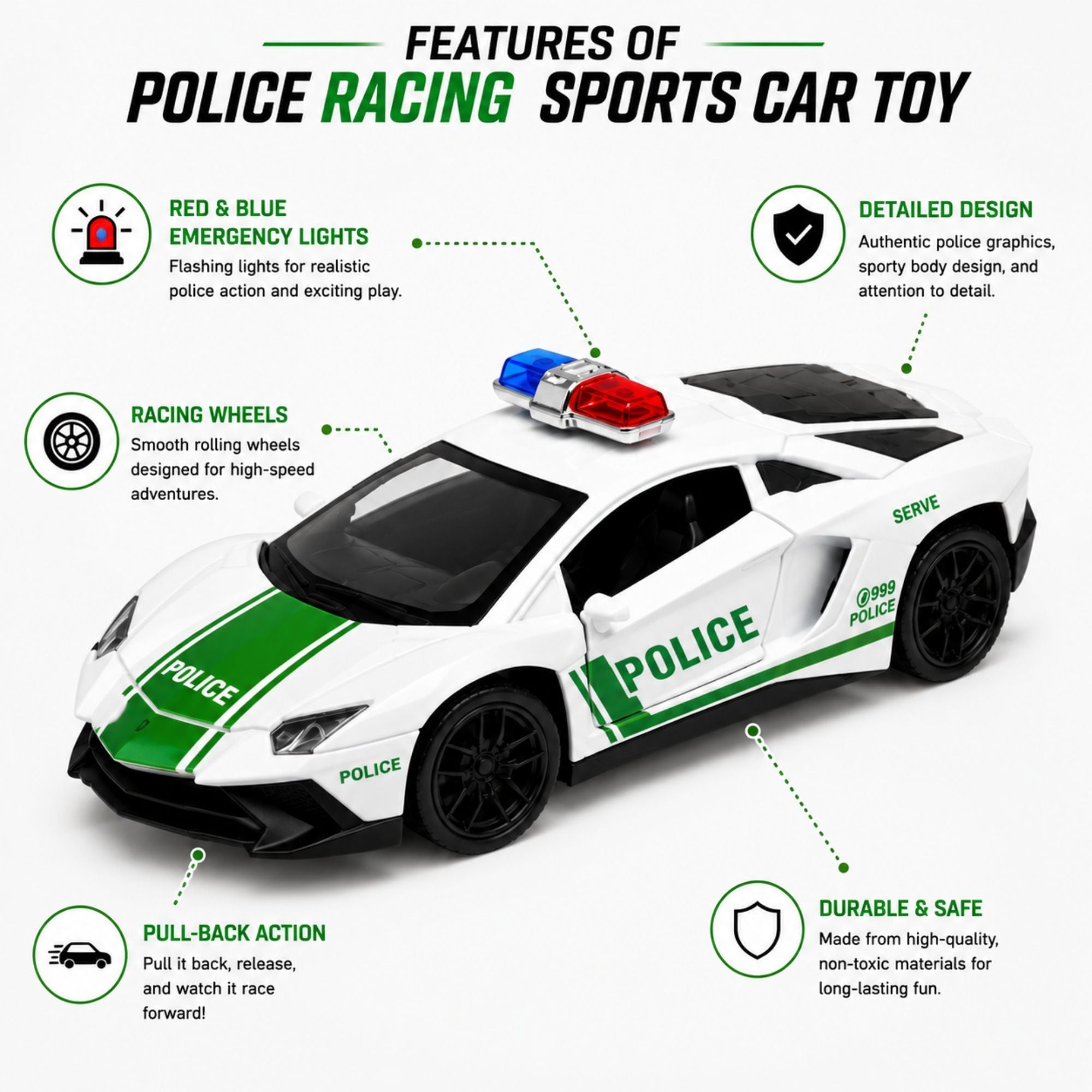 White and green police racing sports car toy with red and blue emergency lights, racing wheels, pull-back action, detailed police graphics, and durable design shown with feature callouts.