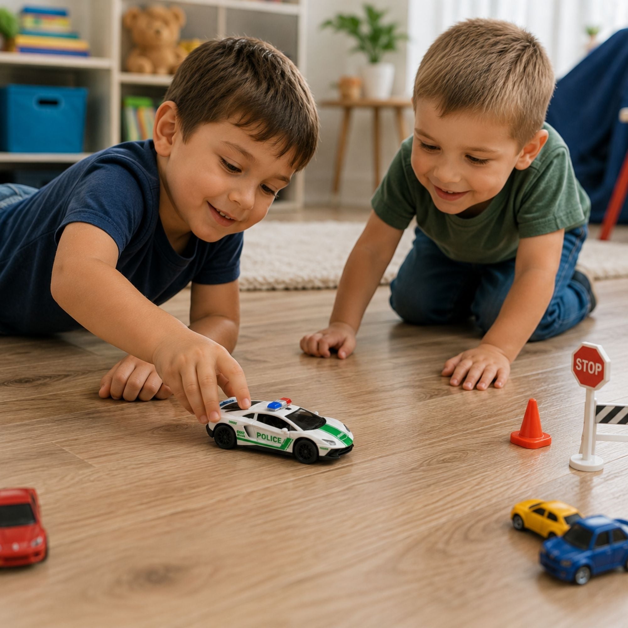 Two children playing with a white and green police racing sports car toy featuring red and blue emergency lights, racing wheels, realistic police graphics, and pull-back action.