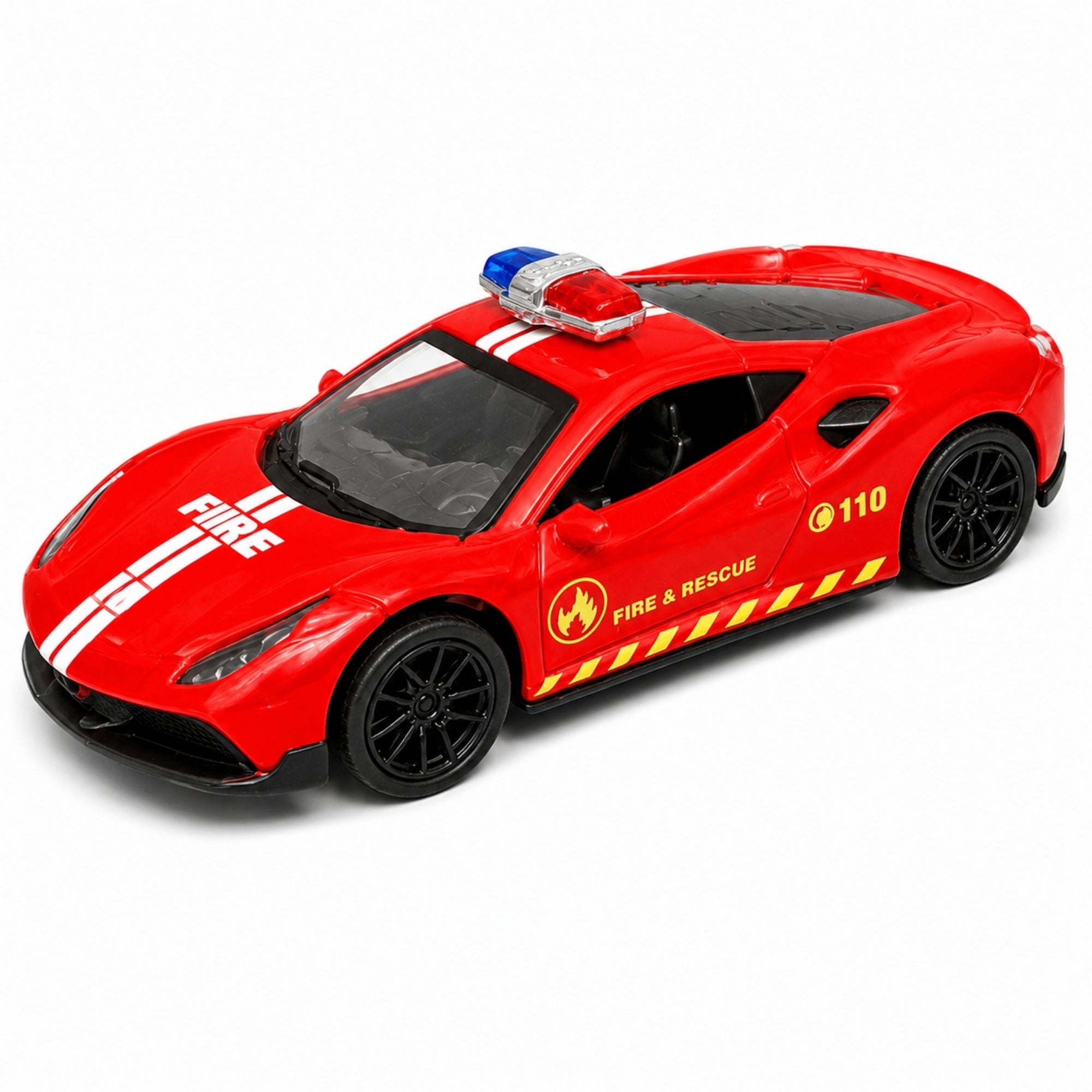 Red police racing sports car toy with red and blue emergency lights, racing wheels, detailed fire rescue graphics, sporty design, and realistic styling on a white background.