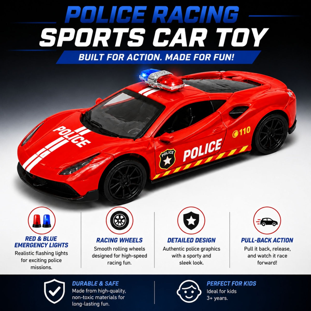 Red police racing sports car toy with red and blue emergency lights, racing wheels, detailed fire rescue graphics, pull-back action, and sporty design shown with A+ feature content.