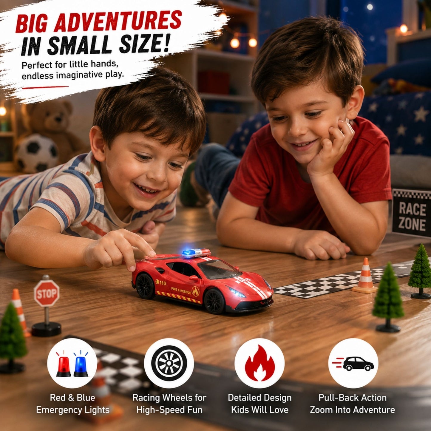 Two children playing with a police racing sports car toy featuring red and blue emergency lights, racing wheels, detailed police graphics, and pull-back action on an indoor playroom racetrack.