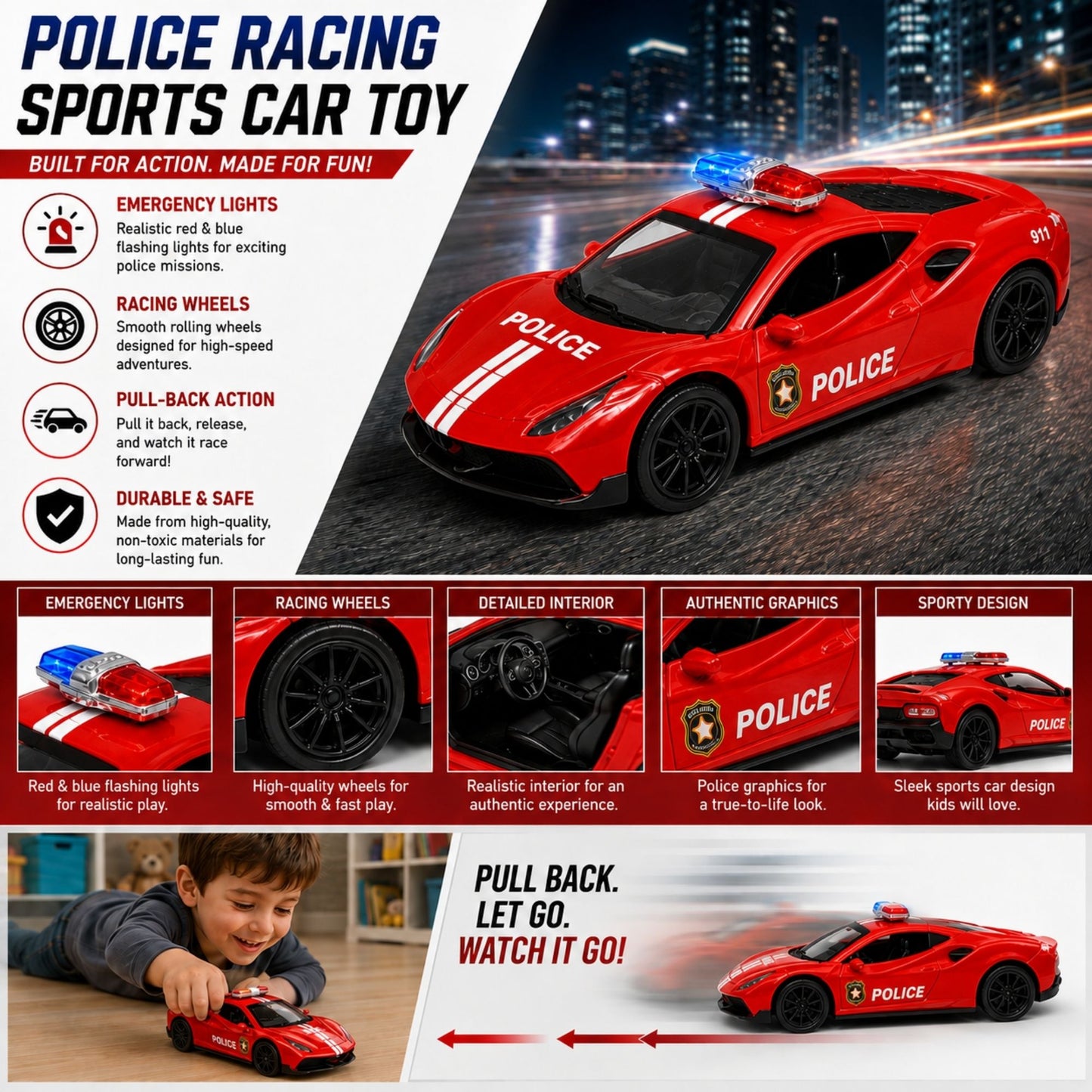 Red police racing sports car toy with red and blue emergency lights, racing wheels, detailed fire rescue graphics, pull-back action, and sporty design shown with A+ feature content.