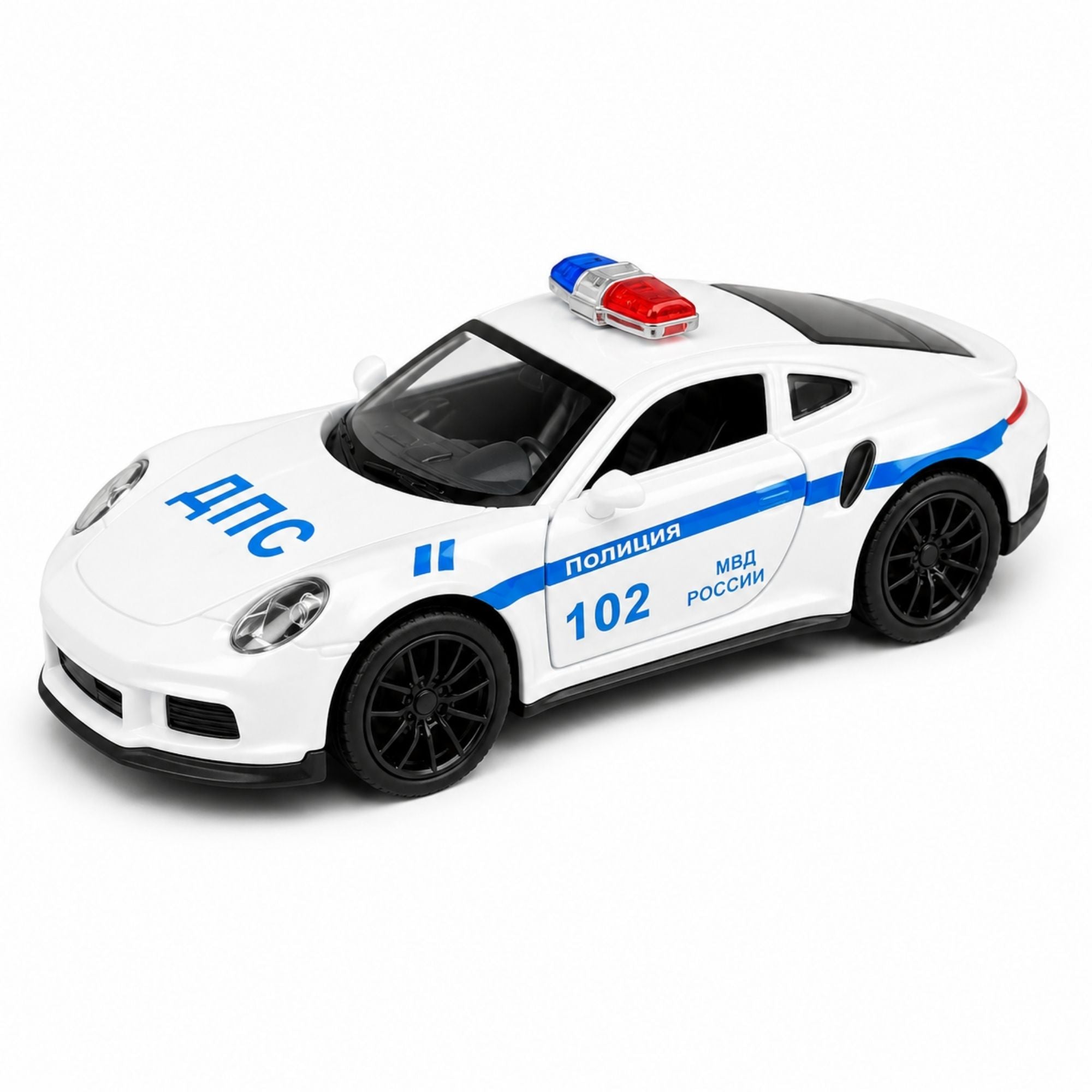 White police sports car toy with blue police graphics, red and blue roof light bar, black wheels, detailed design, and realistic police styling on a white background.