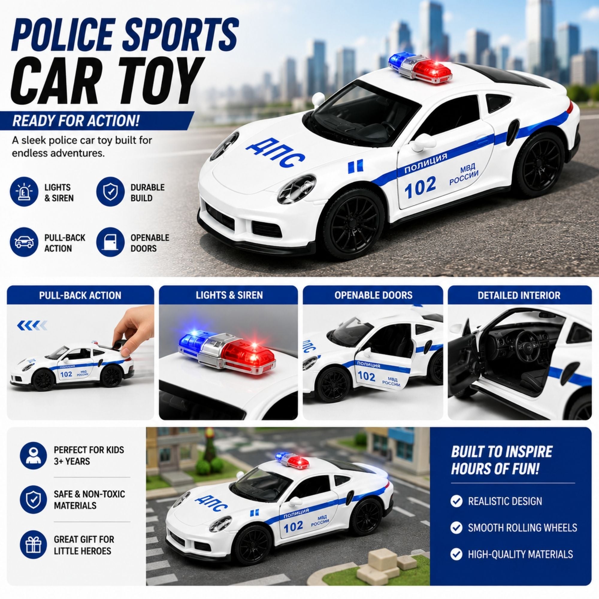 White police sports car toy with flashing lights and siren, pull-back action, openable doors, durable build, and kid-friendly design shown in a feature-focused product image.