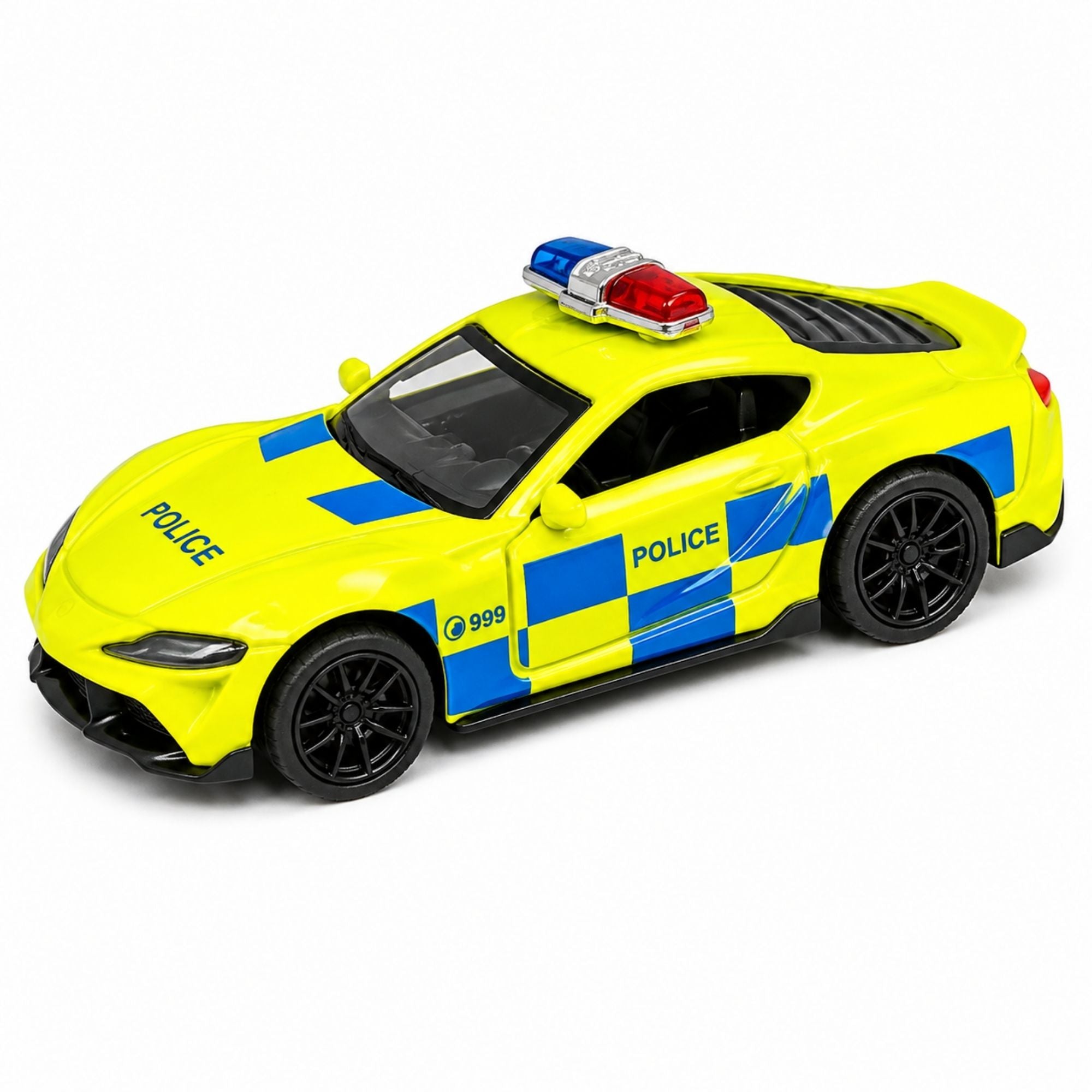 Yellow and blue police sports car toy with flashing red and blue roof lights, police graphics, detailed black wheels, sporty design, and realistic styling on a white background.