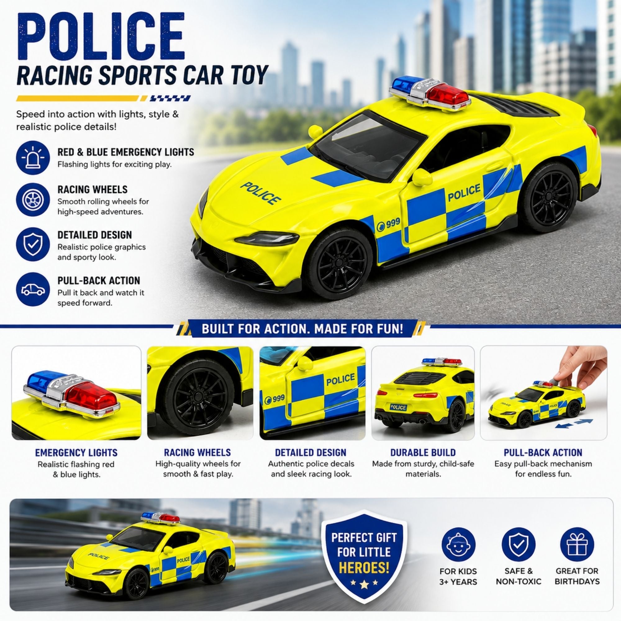 Yellow and blue police racing sports car toy with red and blue emergency lights, racing wheels, detailed police graphics, durable build, and pull-back action featured in an A+ content product infographic.