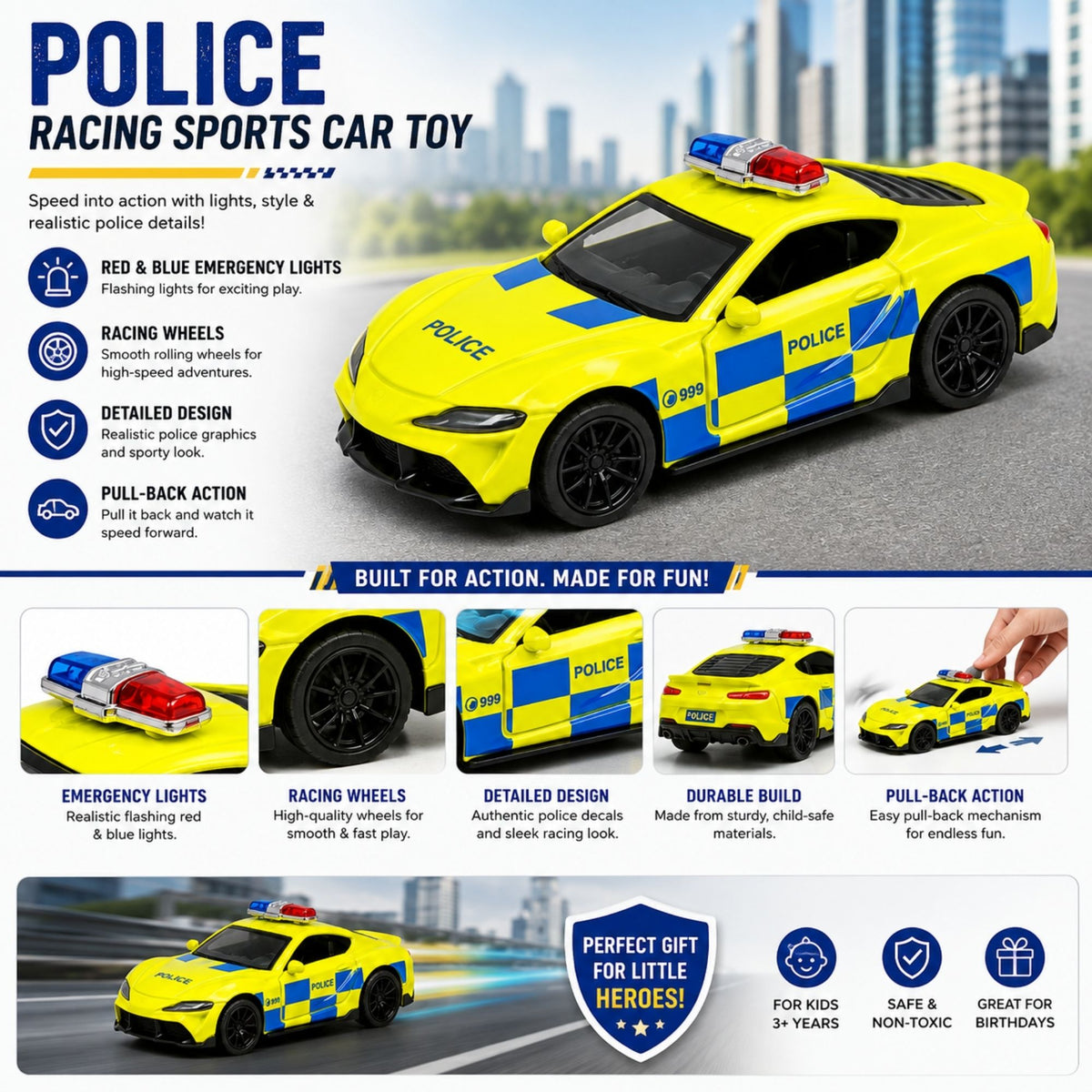 Yellow and blue police racing sports car toy with red and blue emergency lights, racing wheels, detailed police graphics, durable build, and pull-back action featured in an A+ content product infographic.
