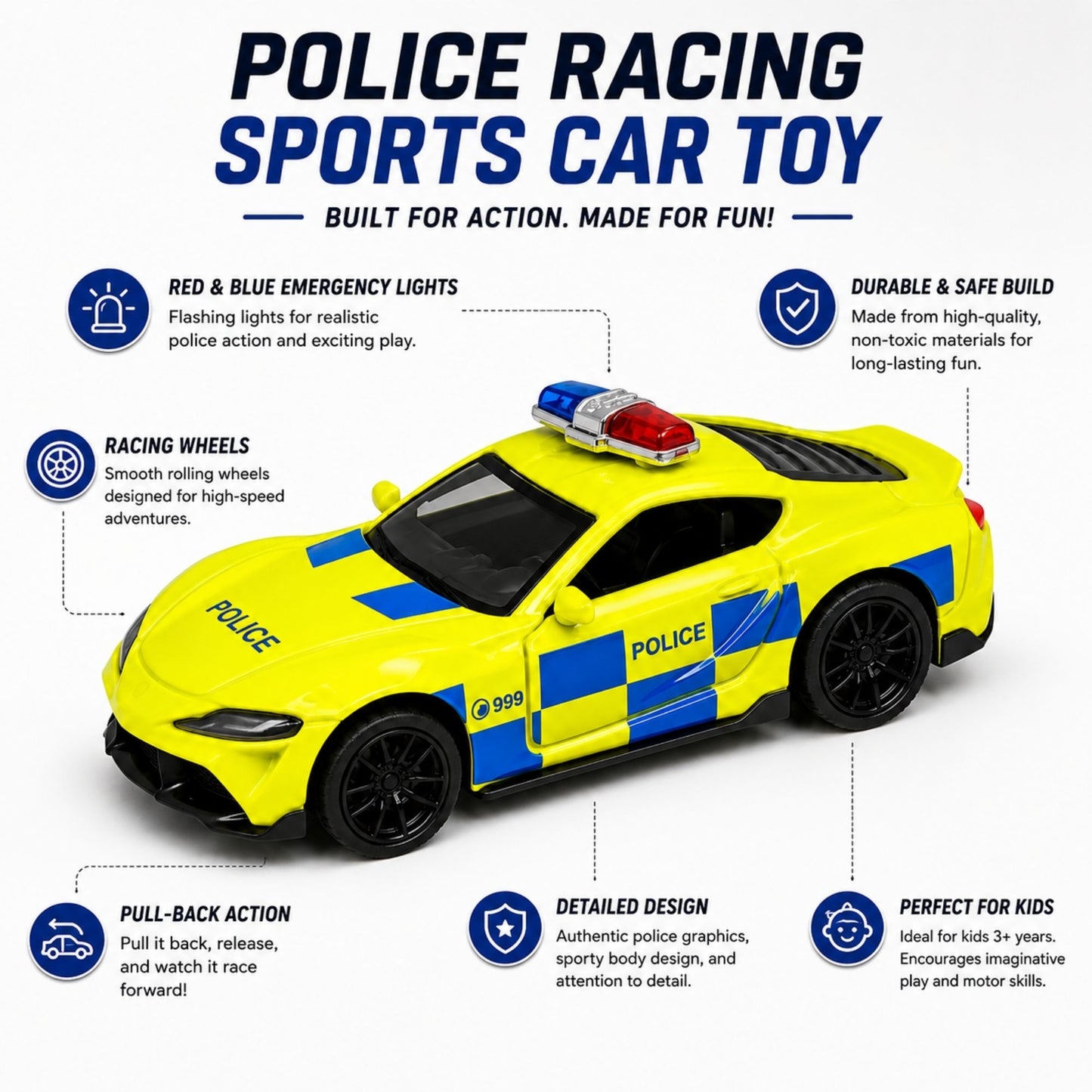 Yellow and blue police racing sports car toy with red and blue emergency lights, racing wheels, pull-back action, detailed police graphics, durable build, and kid-friendly design shown in a feature infographic.