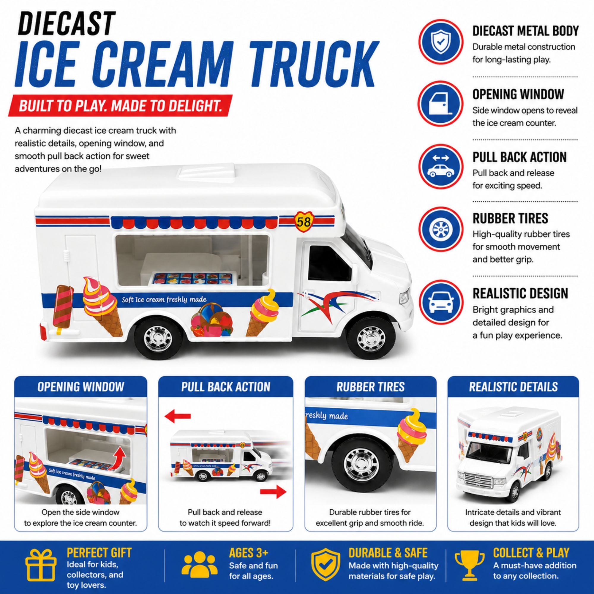 Diecast Ice Cream Truck Toy with Pull Back Opening Window Play