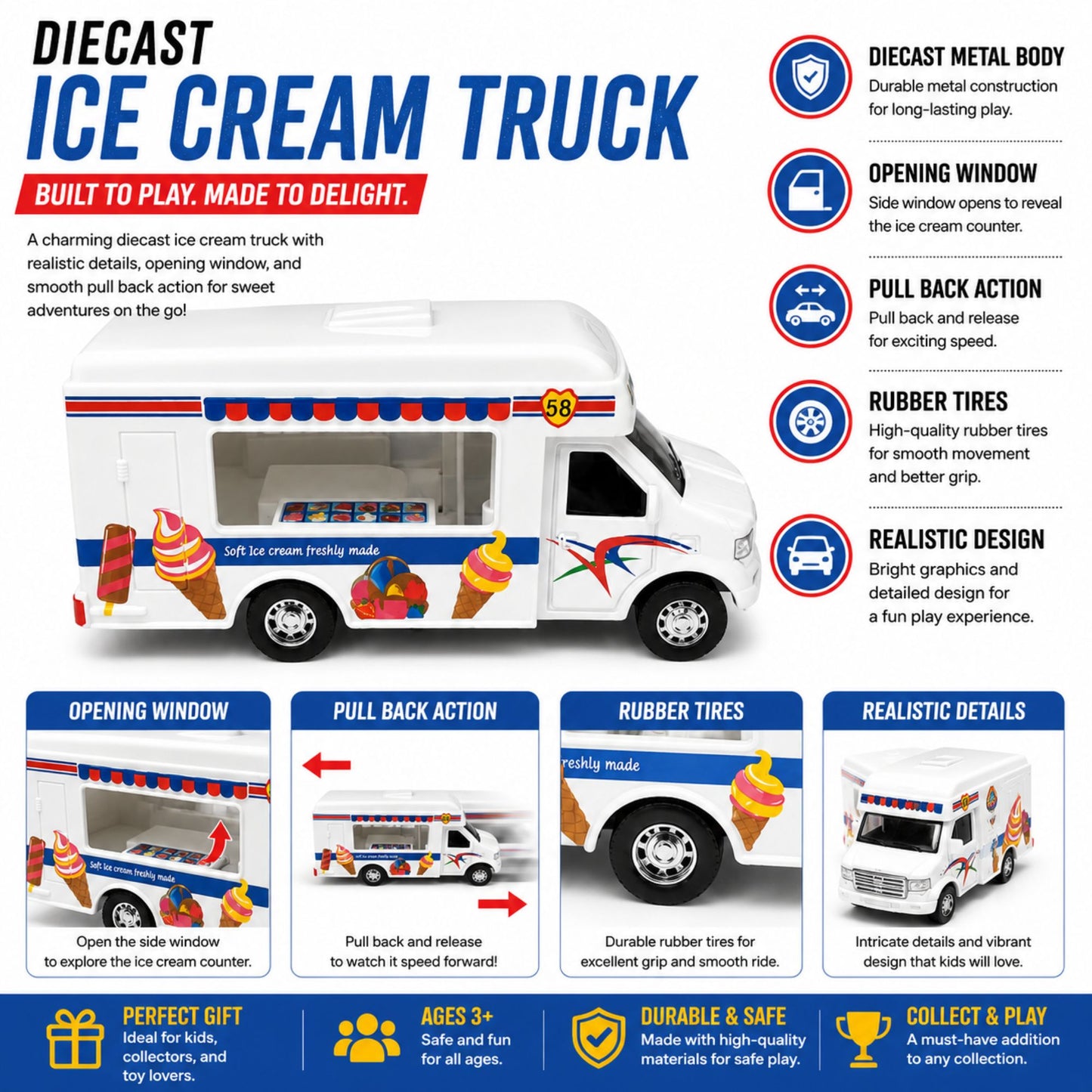 Diecast Ice Cream Truck Toy with Pull Back Opening Window Play
