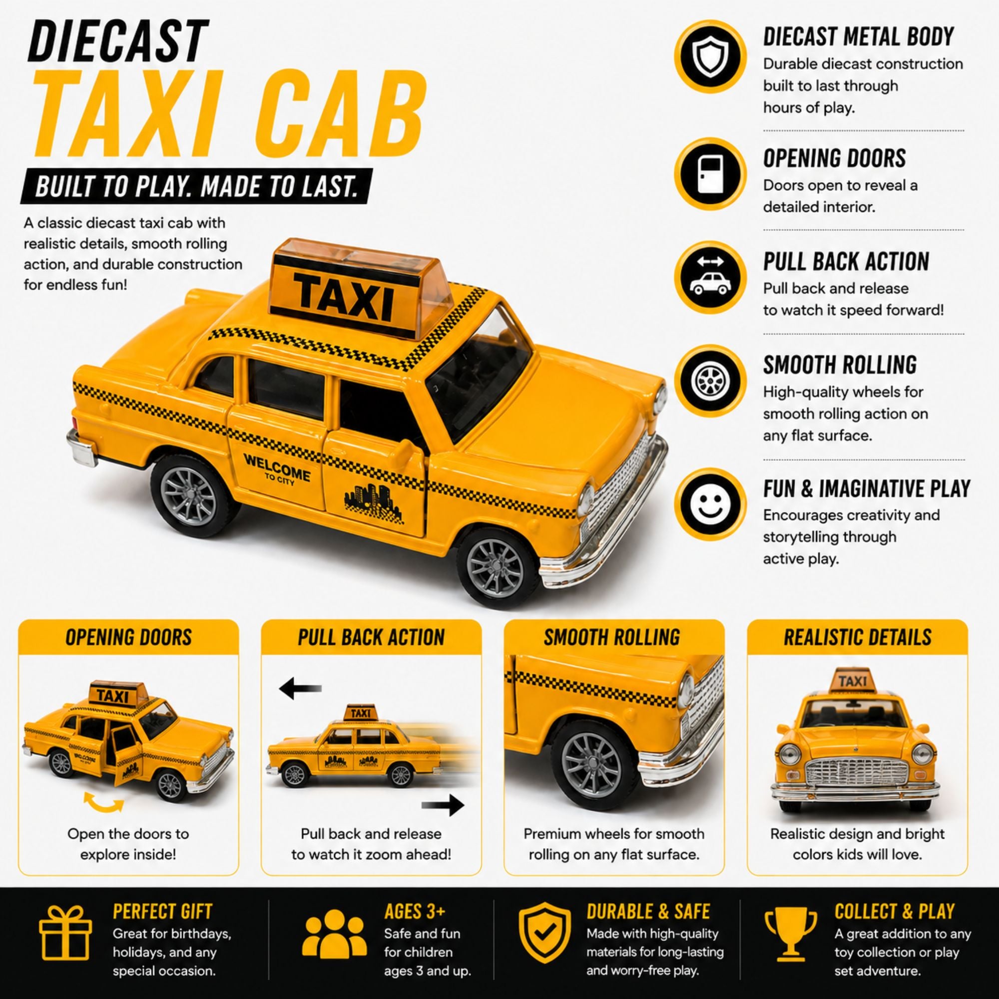Diecast Taxi Car Toy with Opening Doors and Pull Back Action