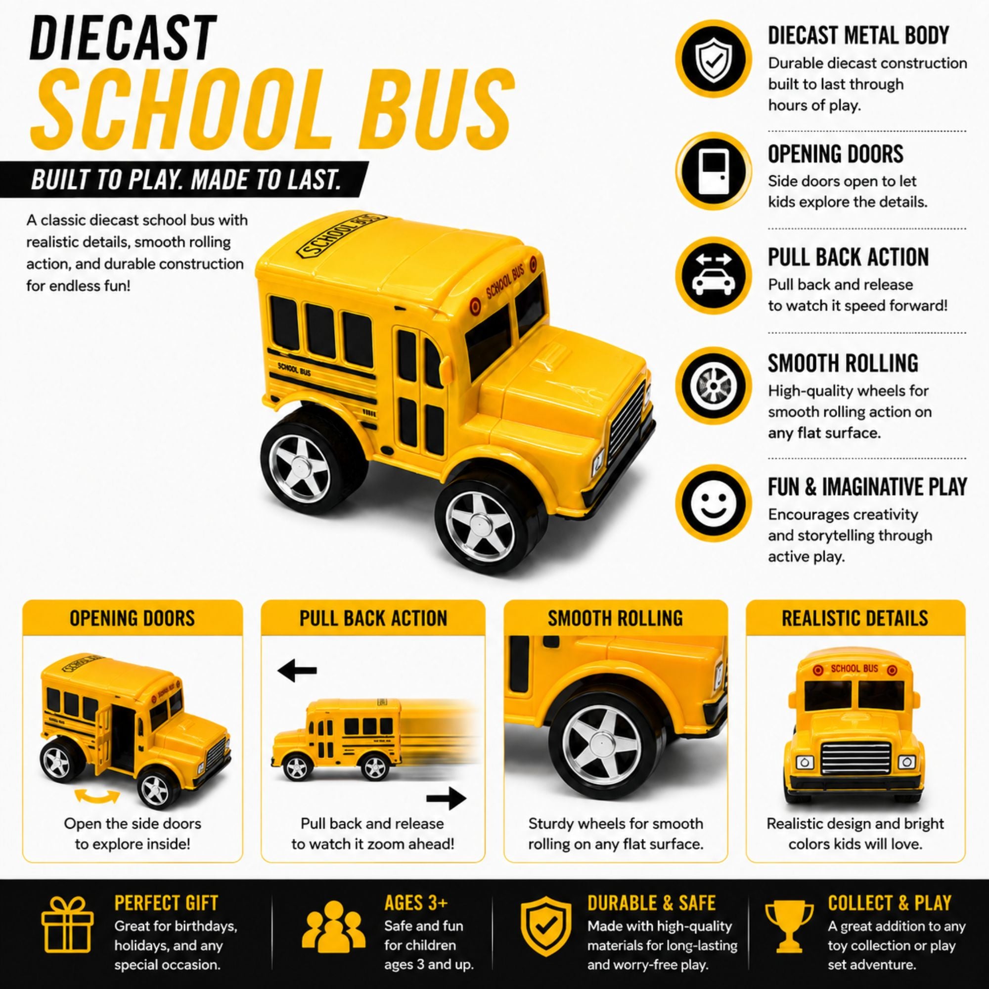 Metal Diecast School Bus Toy with Pull Back and Opening Doors