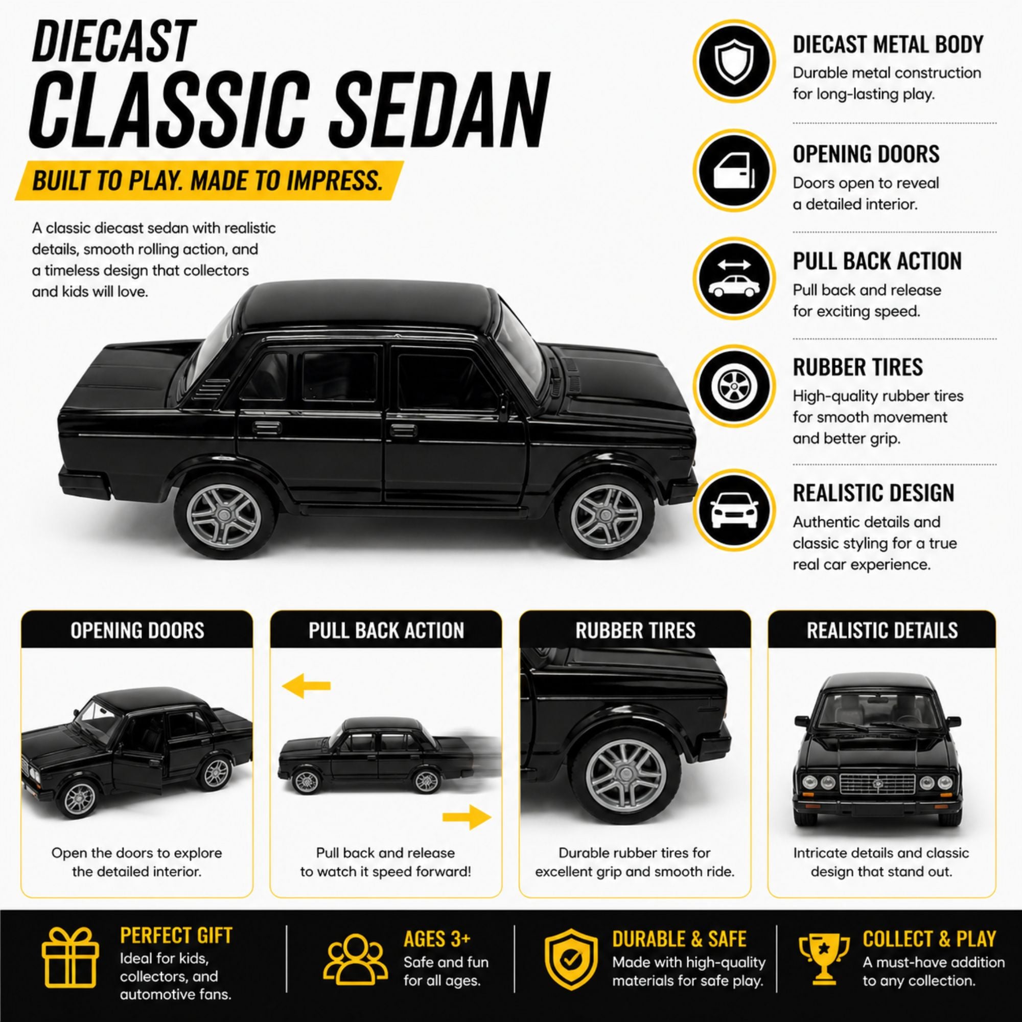 Diecast Classic Sedan Toy Car with Pull Back and Opening Doors
