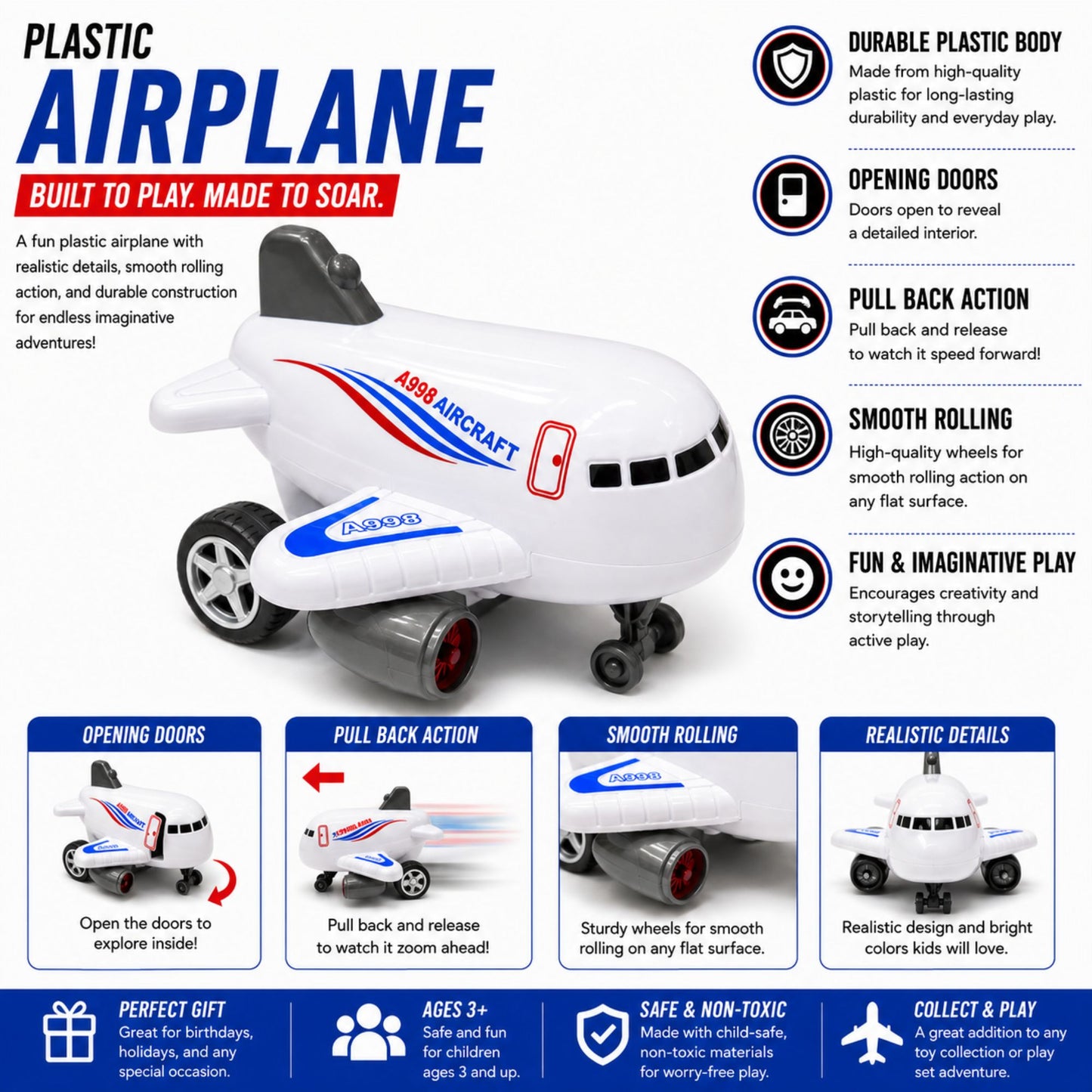 Plastic Airplane Toy with Pull Back Action and Opening Doors