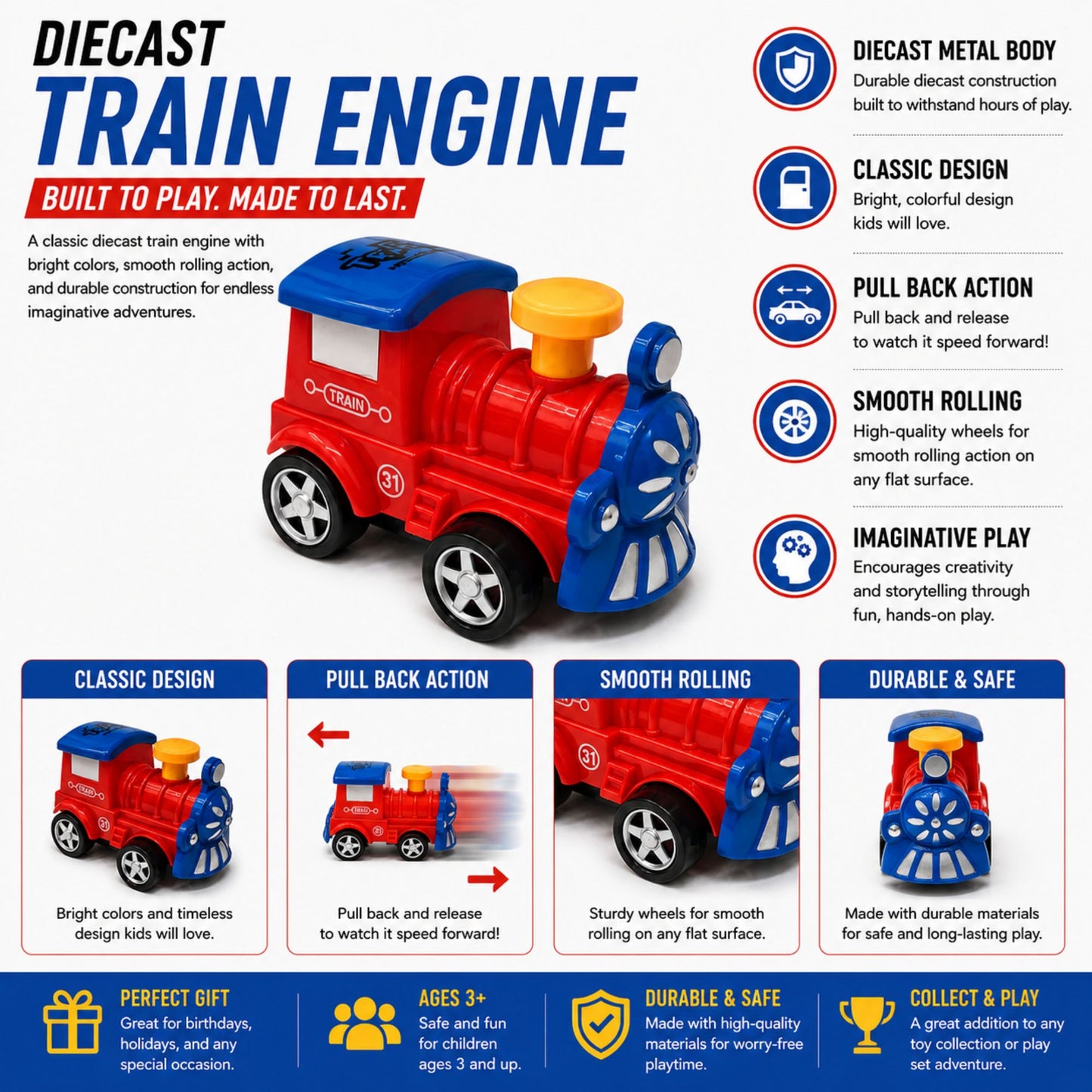 Pull Back Diecast Train Engine Toy for Ages 3 and Up