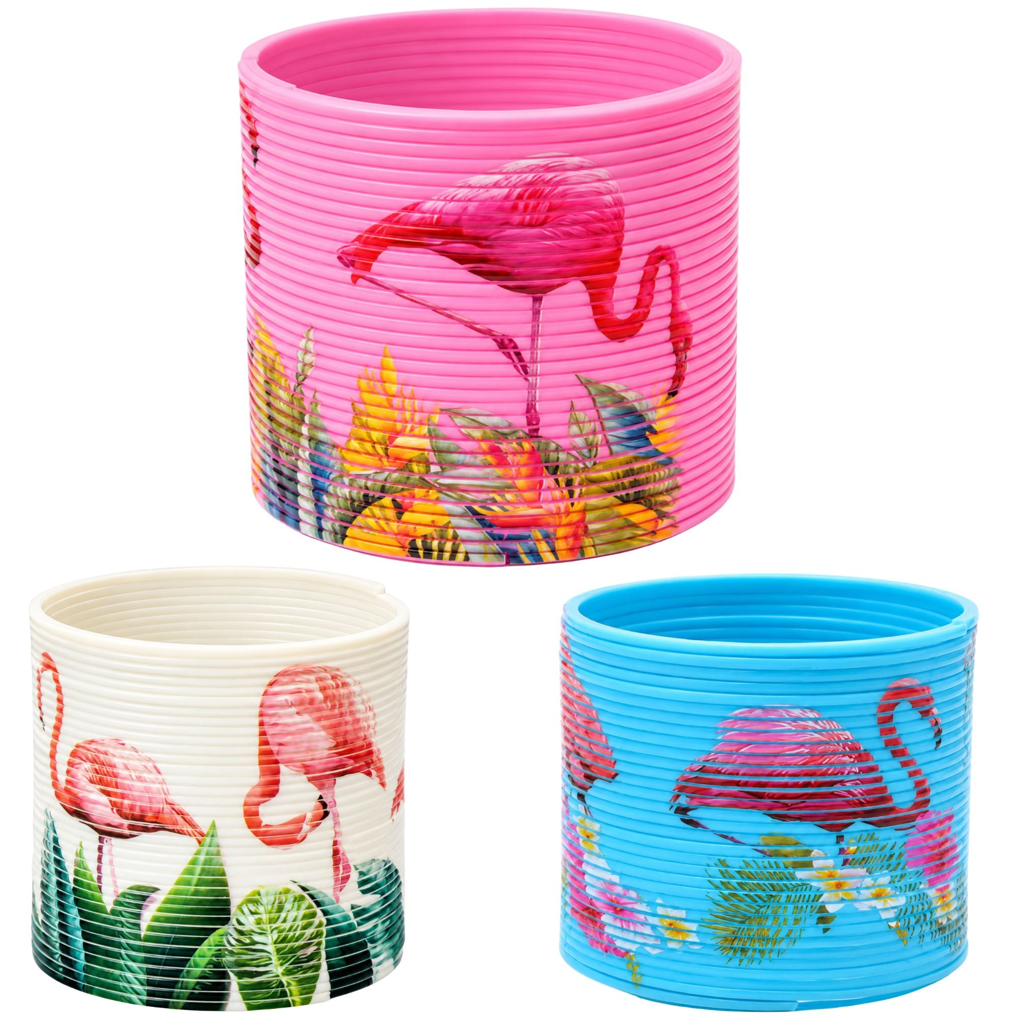 Three ribbed plastic plant pots with tropical flamingo designs, shown in pink, off-white, and blue on a white background.